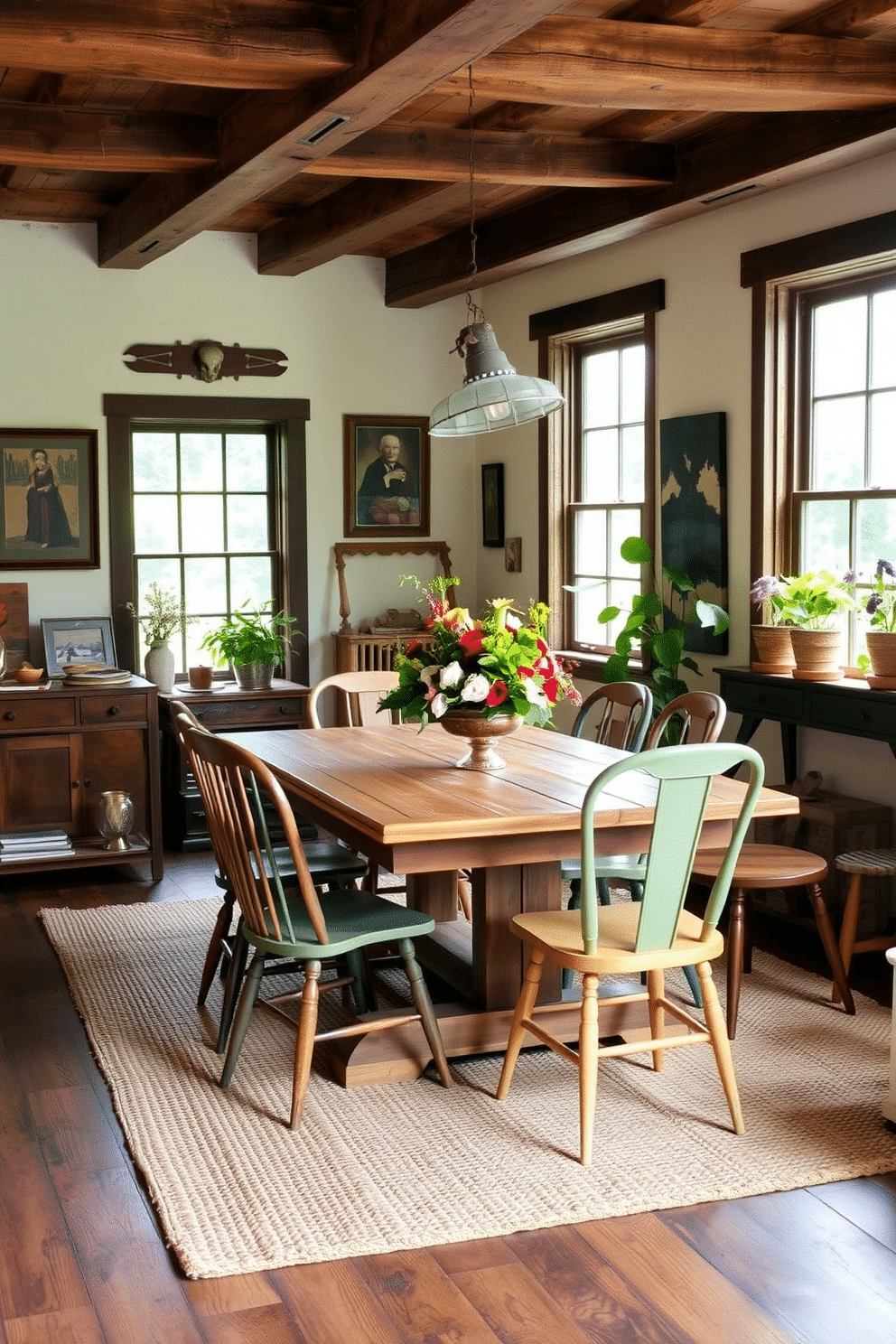 A cozy dining room features a rustic wooden table surrounded by mismatched dining chairs in various colors and styles, creating an eclectic and inviting atmosphere. The walls are adorned with vintage artwork, and a woven rug lies beneath the table, adding warmth and texture to the space. Natural light streams in through large windows, highlighting the rough-hewn beams on the ceiling and the distressed wood of the table. Potted plants and a centerpiece of seasonal flowers bring a touch of nature indoors, enhancing the rustic charm of the room.