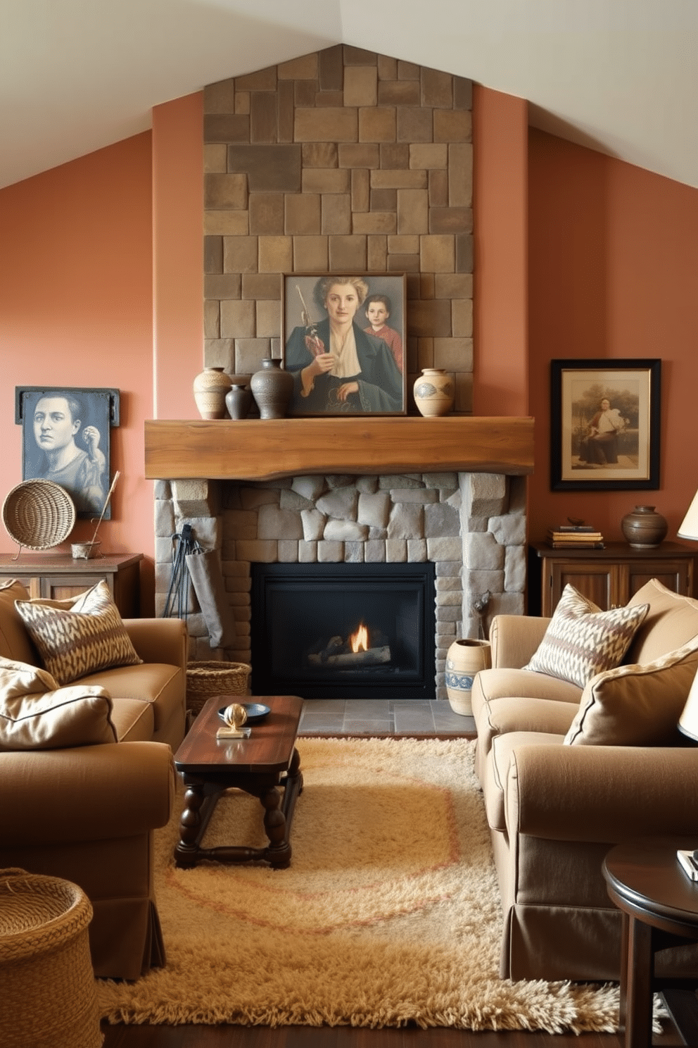 A cozy fireplace with a reclaimed wood mantel serves as the focal point of the rustic family room. The surrounding walls are adorned with warm, earthy tones, and a plush area rug anchors the seating arrangement. Comfortable, oversized sofas are positioned around the fireplace, inviting relaxation and conversation. Vintage decor, including woven baskets and handmade pottery, adds character to the space while enhancing its rustic charm.