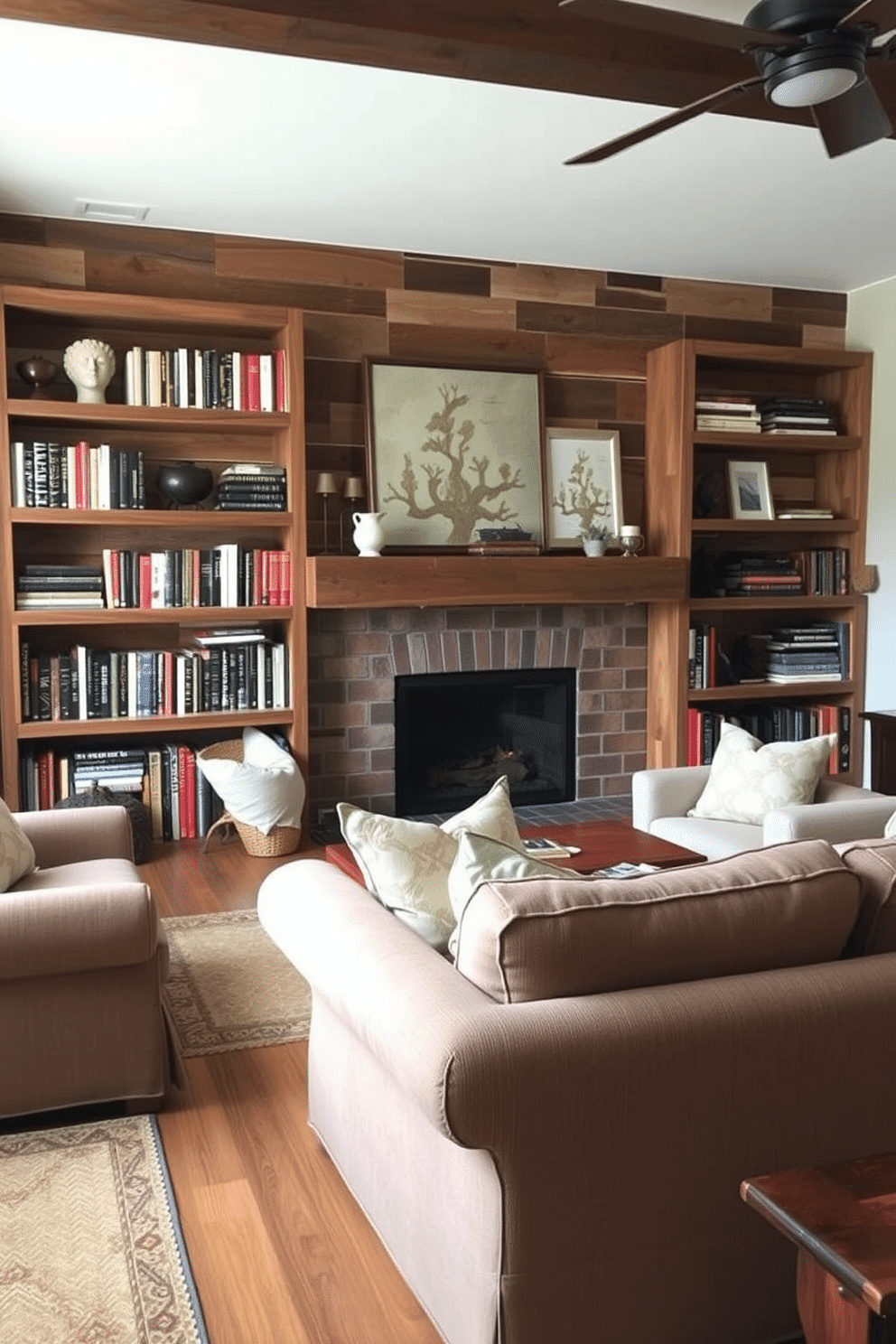 A cozy family room featuring rustic shelving made from reclaimed wood, showcasing an array of books and decorative items. The warm, earthy tones of the wood complement the soft, textured fabrics of the furniture, creating an inviting atmosphere for gatherings.