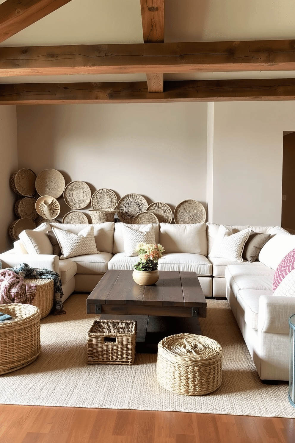 A cozy family room featuring woven baskets for stylish storage. The room includes a large, comfortable sectional sofa adorned with textured throw pillows, and a reclaimed wood coffee table sits at the center. Against one wall, a collection of woven baskets in various sizes is neatly arranged, providing both functionality and a decorative touch. The walls are painted in a warm taupe, and rustic wooden beams stretch across the ceiling, enhancing the room's inviting atmosphere.