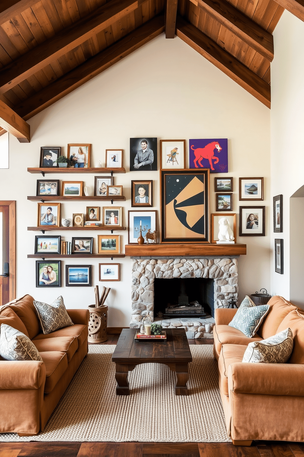 A gallery wall displays an eclectic mix of family photos and vibrant art pieces, framed in various styles to create a personal and inviting atmosphere. The wall is painted a soft cream color, enhancing the warmth of the wooden shelves that hold decorative objects and books. The rustic family room features exposed wooden beams and a stone fireplace as its focal point, creating a cozy and welcoming environment. Plush, oversized sofas in earthy tones are arranged around a reclaimed wood coffee table, with a woven rug anchoring the space.