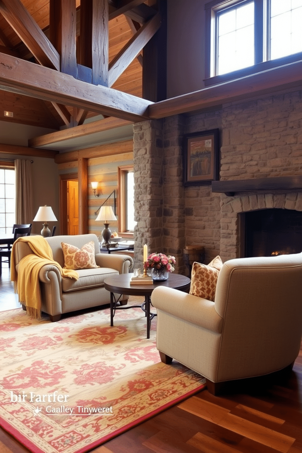 Oversized armchairs are placed in a rustic family room, adorned with cozy throws in warm, inviting colors. The room features exposed wooden beams, a stone fireplace, and a large area rug that ties the space together, creating a perfect gathering spot for family and friends.