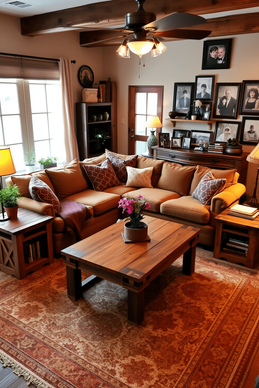 A rustic family room featuring wooden crate side tables that add a touch of uniqueness to the space. The room is adorned with a cozy sectional sofa in earthy tones, complemented by a reclaimed wood coffee table at the center. Warm, ambient lighting creates an inviting atmosphere, while a large area rug anchors the seating area. Decor elements include vintage books, potted plants, and framed family photos displayed on the walls, enhancing the home's character.