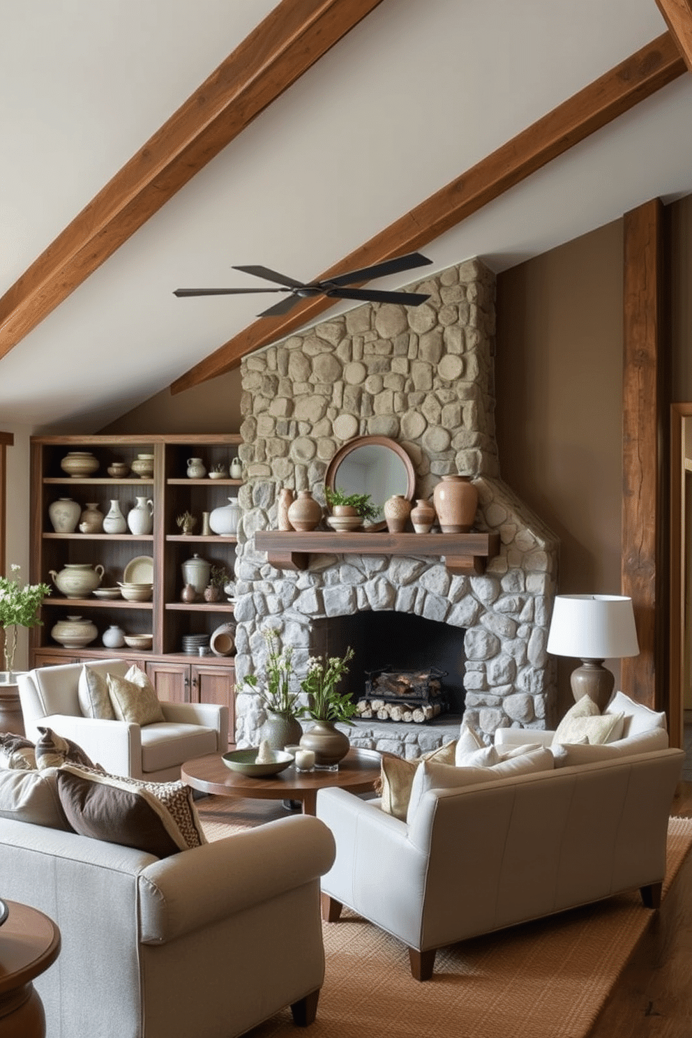 Handmade pottery and ceramics as decor. The space features an array of unique, artisan-crafted pieces displayed on open shelving, adding texture and warmth to the room. Rustic Family Room Design Ideas. The family room showcases reclaimed wood beams and a stone fireplace, complemented by cozy seating arrangements and earthy tones throughout the decor.