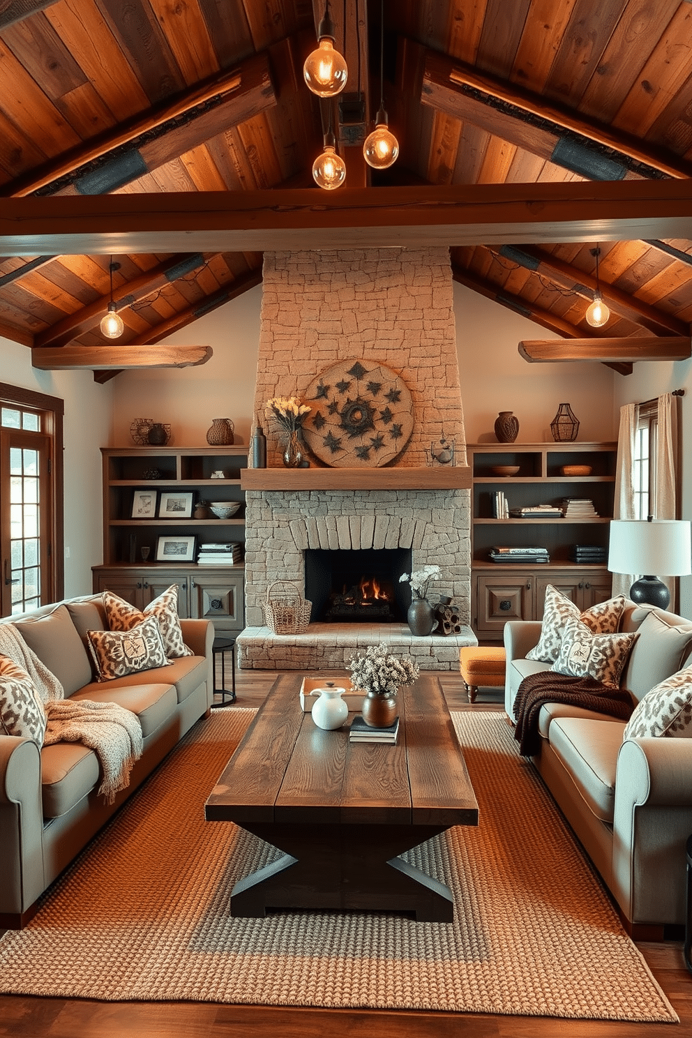 A cozy family room featuring warm lighting with Edison bulbs that create an inviting atmosphere. The space is adorned with reclaimed wood beams on the ceiling and a large stone fireplace as the focal point. A plush sectional sofa in earthy tones is arranged around a rustic coffee table made from distressed wood. Soft throw blankets and decorative pillows add texture, while a woven area rug anchors the seating area.