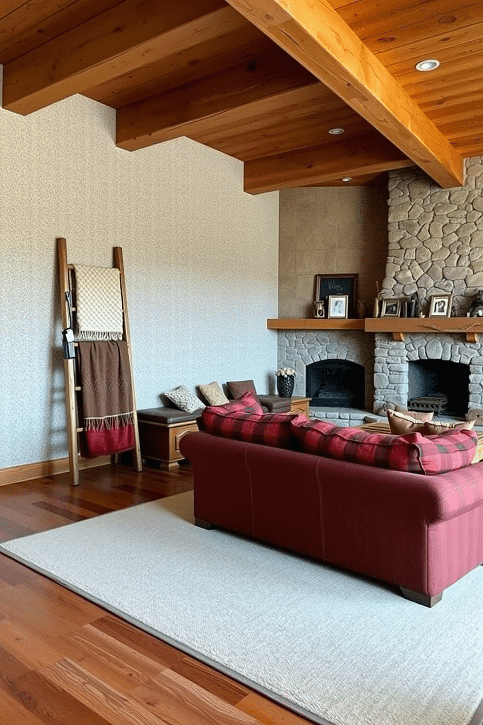 A rustic wooden ladder leans against a textured wall, adorned with cozy, woven blankets in warm earth tones. The floor is covered with a soft, neutral area rug that complements the natural wood beams overhead. The family room features a large, inviting sectional sofa upholstered in a rich, plaid fabric, surrounded by reclaimed wood furniture. A stone fireplace serves as the focal point, with a mantle decorated with family photos and rustic accents.