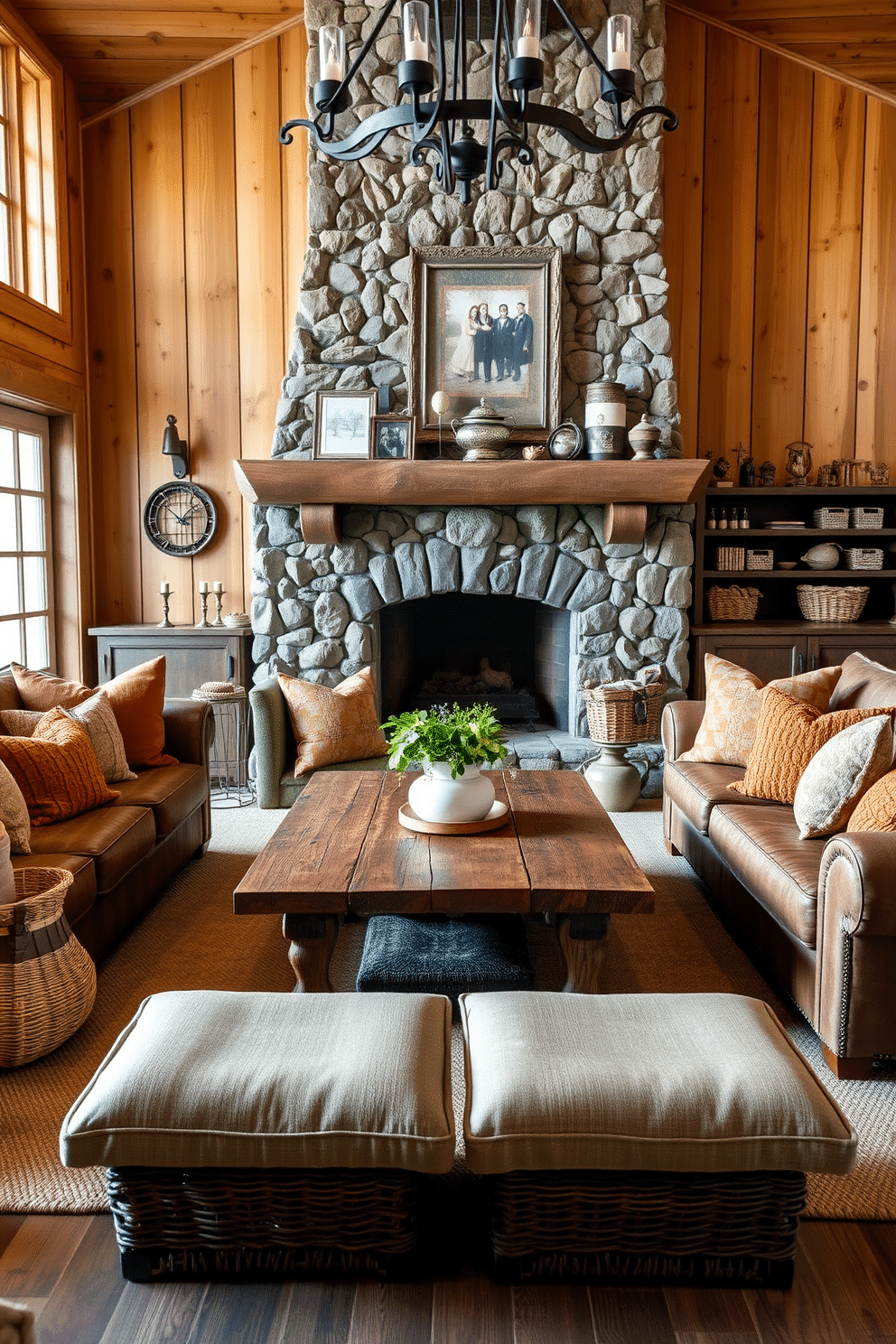 A rustic family room features a cozy seating arrangement with a large, comfortable sofa adorned with textured cushions in earthy hues of browns, greens, and ochres. A reclaimed wood coffee table sits at the center, surrounded by woven baskets that add warmth and functionality to the space. The walls are clad in natural wood paneling, enhancing the rustic charm, while a stone fireplace serves as a focal point, adorned with a mantel displaying family photos and rustic decor. Soft, ambient lighting from wrought iron fixtures creates an inviting atmosphere, perfect for family gatherings and relaxation.