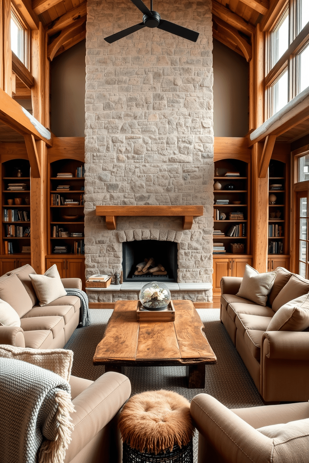 A rustic family room with exposed beams and natural wood accents creates a warm and inviting atmosphere. The focal point is a large stone fireplace flanked by built-in wooden shelves filled with books and decorative items. Comfortable, oversized furniture in earthy tones is arranged around a reclaimed wood coffee table. Soft, textured throw blankets and pillows add a cozy touch, while large windows allow natural light to flood the space, highlighting the rich wood tones.