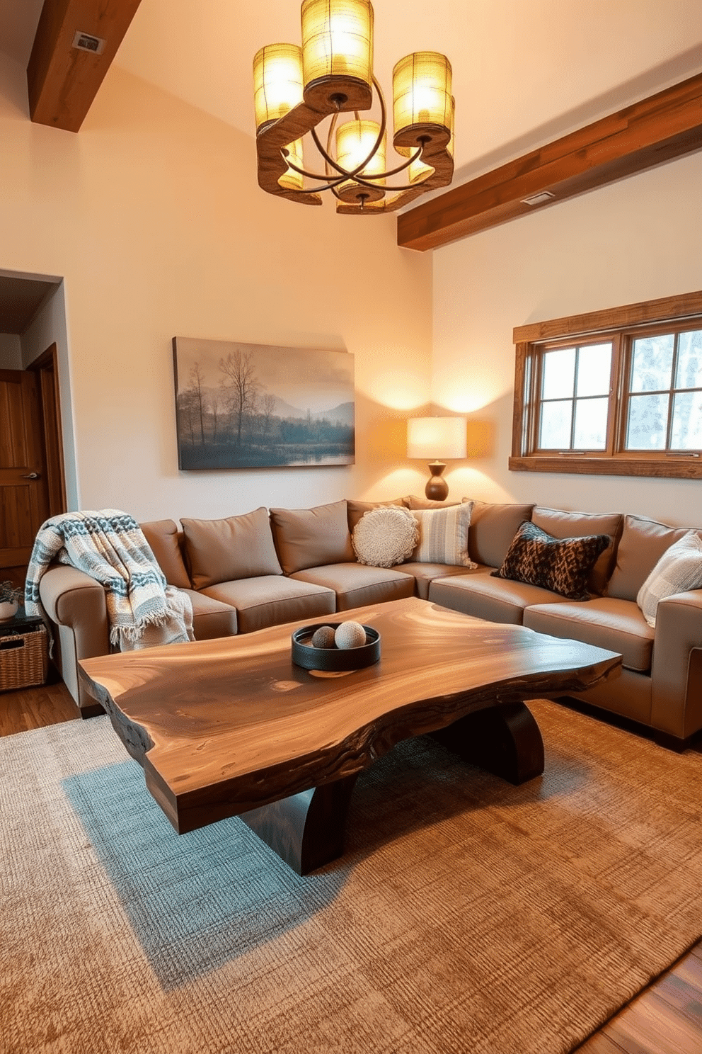 A rustic family room features live edge wood furniture that brings an organic feel to the space. The centerpiece is a large, handcrafted coffee table with natural edges, surrounded by a cozy sectional sofa upholstered in earthy tones. Warm lighting fixtures made from reclaimed wood illuminate the room, creating a welcoming atmosphere. Textured throw blankets and cushions are scattered across the seating, adding layers of comfort and style.