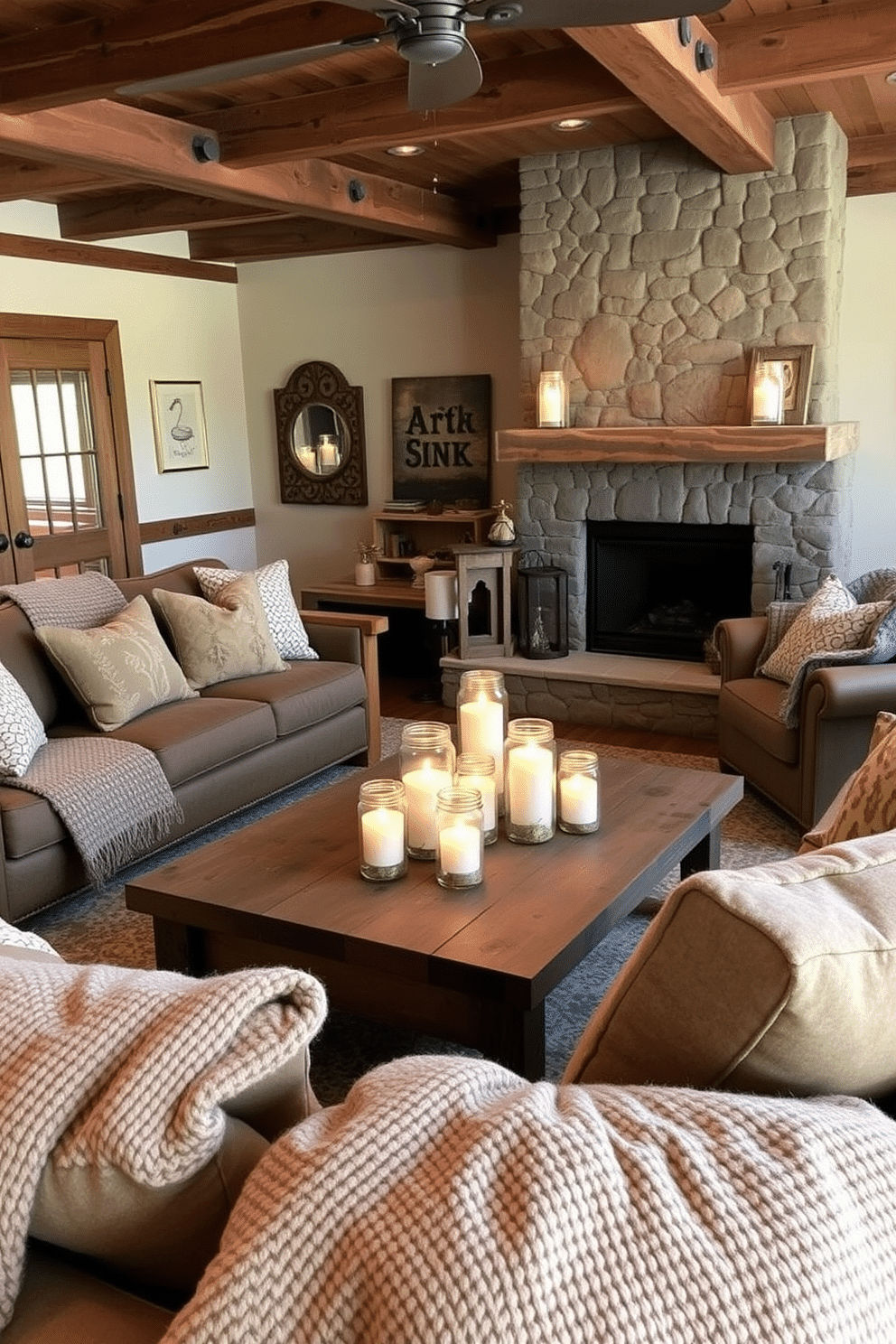 A cozy family room featuring rustic mason jar candle holders that emit a warm glow. The space is adorned with reclaimed wood furniture, including a large, inviting sofa and a coffee table made from a weathered barn door. The walls are lined with exposed wooden beams, and a stone fireplace serves as the focal point of the room. Soft, textured throw blankets and pillows in earthy tones add comfort and charm to the rustic aesthetic.