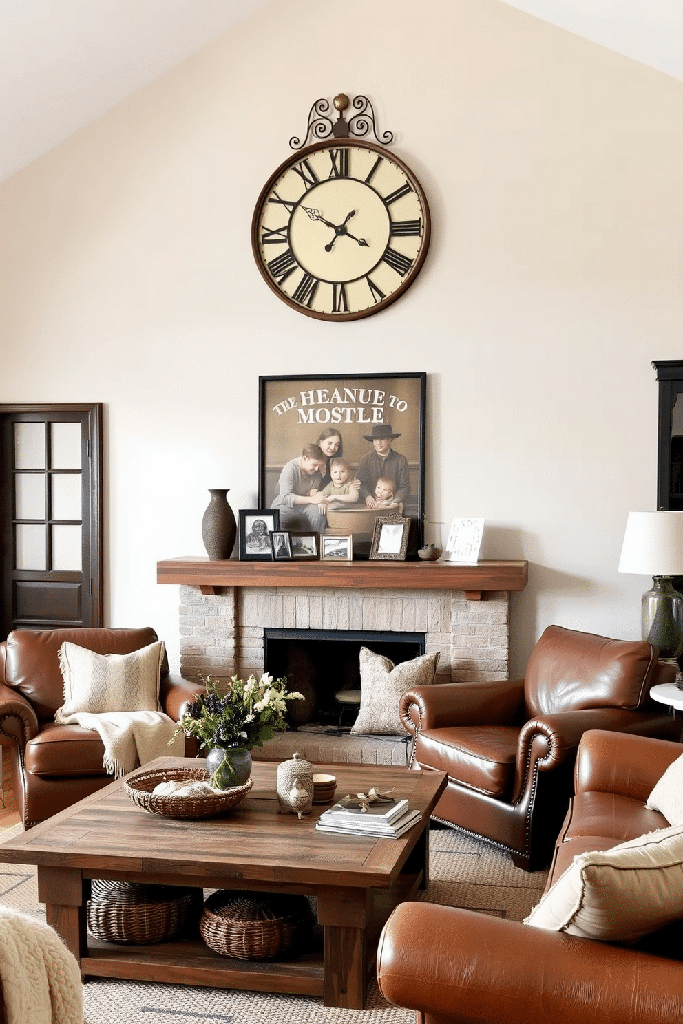 A vintage-inspired clock hangs prominently on the wall, its ornate brass details catching the light. Below, a rustic wooden mantelpiece adorned with family photos and handmade crafts adds warmth to the space. The family room features a cozy arrangement of distressed leather sofas and a reclaimed wood coffee table. Soft, earthy tones in the decor, along with woven baskets and textured throw blankets, create an inviting atmosphere for gatherings.