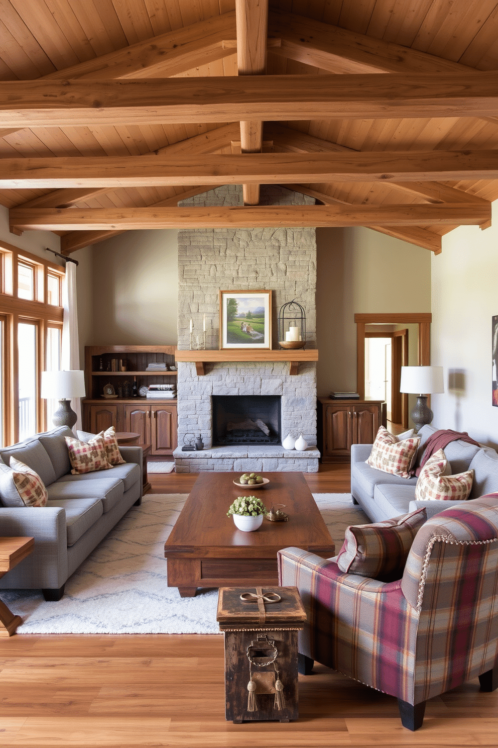 A cozy family room that blends modern and rustic elements. The space features a large sectional sofa in a soft gray fabric, paired with reclaimed wood coffee tables and an oversized armchair upholstered in a warm plaid. Exposed wooden beams run across the ceiling, enhancing the rustic charm. A stone fireplace serves as the focal point, adorned with a simple mantle that displays a few carefully curated decorative items.