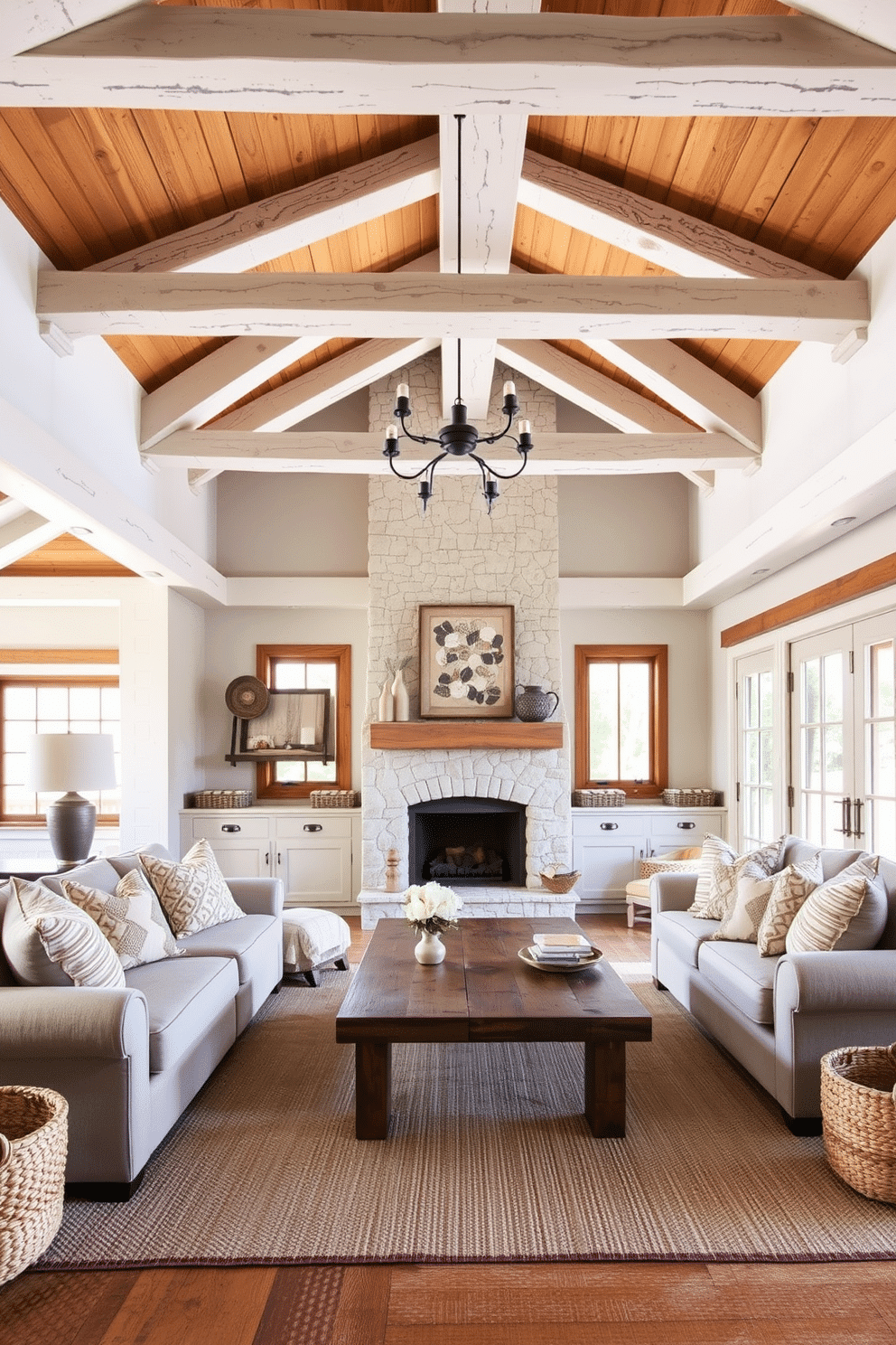 A rustic family room featuring wooden beams painted in white, creating a bright and airy atmosphere. The space includes a large, comfortable sectional sofa adorned with textured throw pillows, complemented by a reclaimed wood coffee table at the center. Warm, natural light pours in through large windows, highlighting the cozy fireplace with a stone surround. The room is decorated with woven baskets and earthy accents, enhancing the inviting, homey feel.