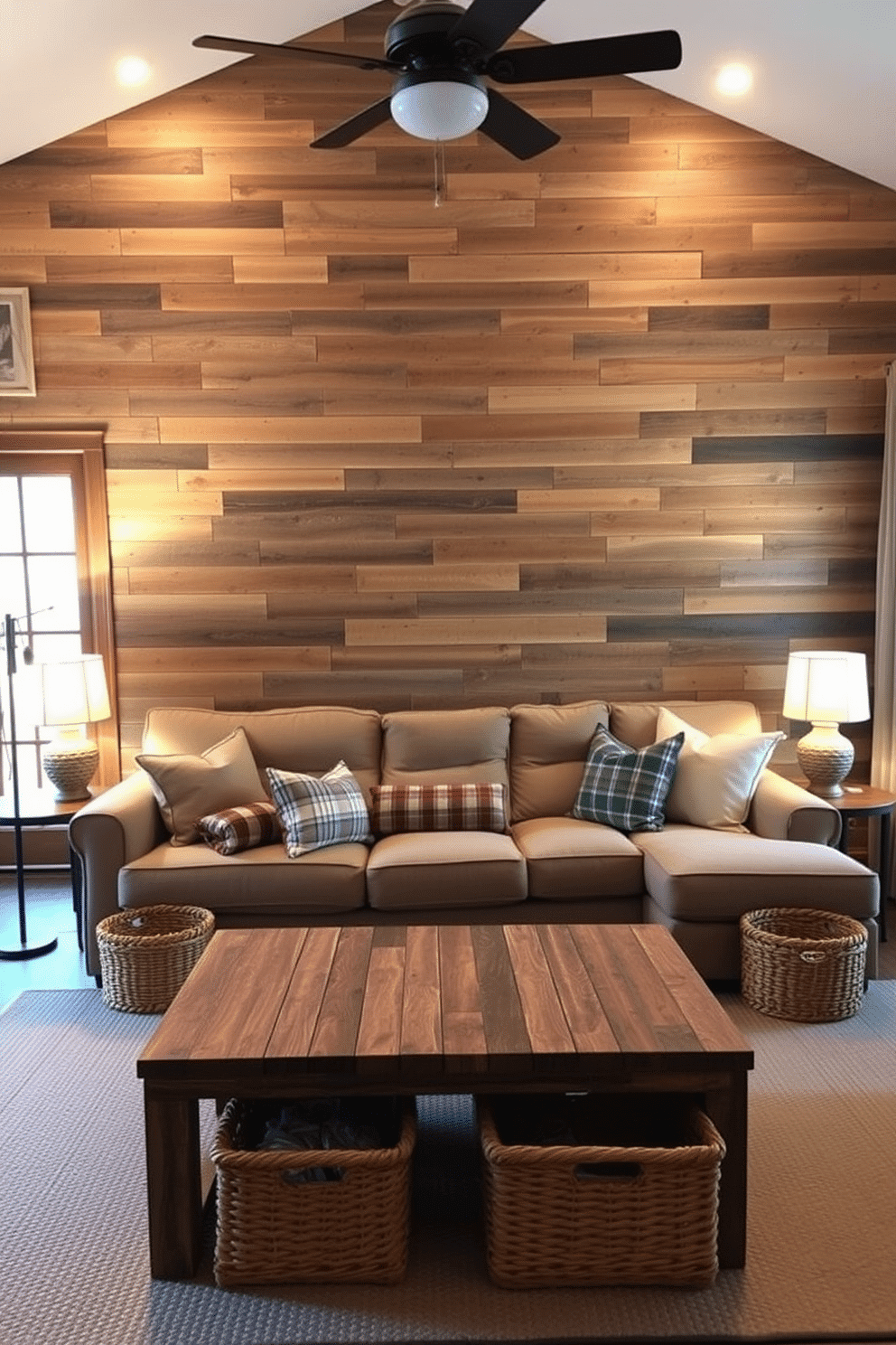 A rustic family room features a stunning pallet wood feature wall that adds warmth and texture to the space. The room is furnished with a large, comfortable sectional sofa, accented by a mix of plaid and solid throw pillows for a cozy feel. In front of the sofa, a reclaimed wood coffee table serves as a central gathering point, surrounded by woven baskets for storage. Soft, ambient lighting from a pair of vintage-style floor lamps creates an inviting atmosphere perfect for family gatherings.