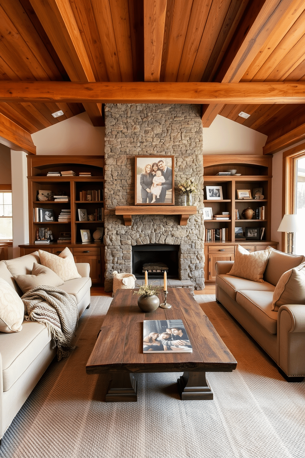 A cozy family room featuring soft, layered bedding in neutral tones. The space includes a large sectional sofa adorned with plush throw pillows, a woven blanket draped over the arm, and a rustic coffee table made from reclaimed wood. Warm wooden beams line the ceiling, enhancing the rustic charm of the room. A stone fireplace serves as the focal point, flanked by built-in bookshelves filled with family photos and cherished books.