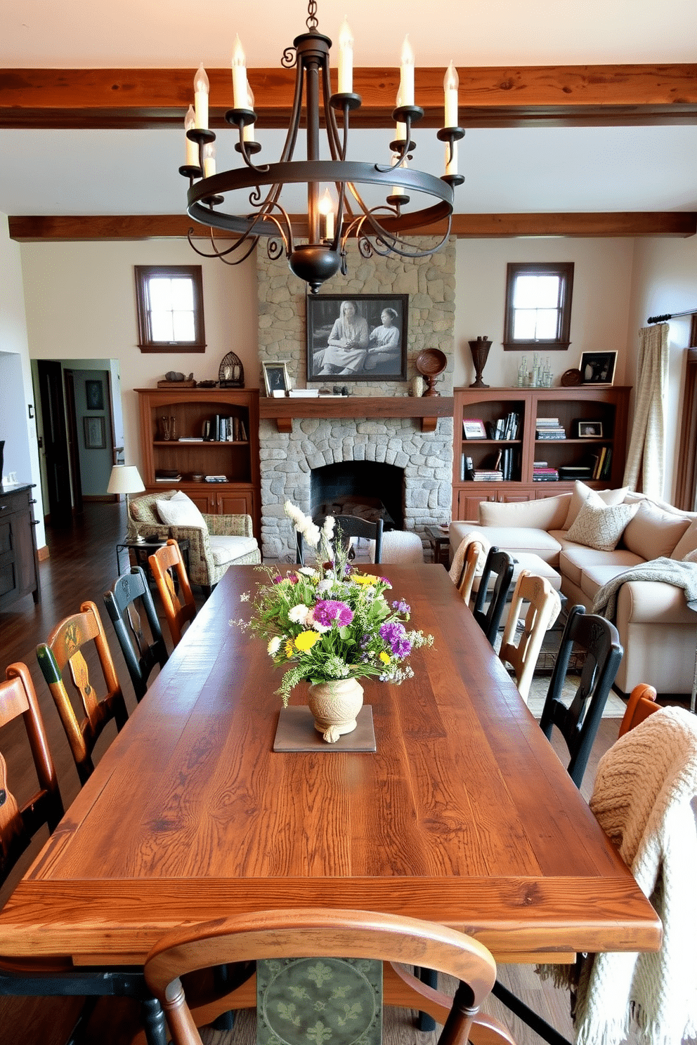 A rustic dining table set for family gatherings features a large, reclaimed wood table surrounded by mismatched chairs, each with its own unique charm. Above the table, a wrought iron chandelier casts a warm glow, while a centerpiece of wildflowers adds a touch of natural beauty. The family room is designed with cozy elements, including a large, plush sectional sofa adorned with knitted throws and oversized cushions. A stone fireplace serves as the focal point, flanked by built-in bookshelves filled with family photos and cherished mementos.