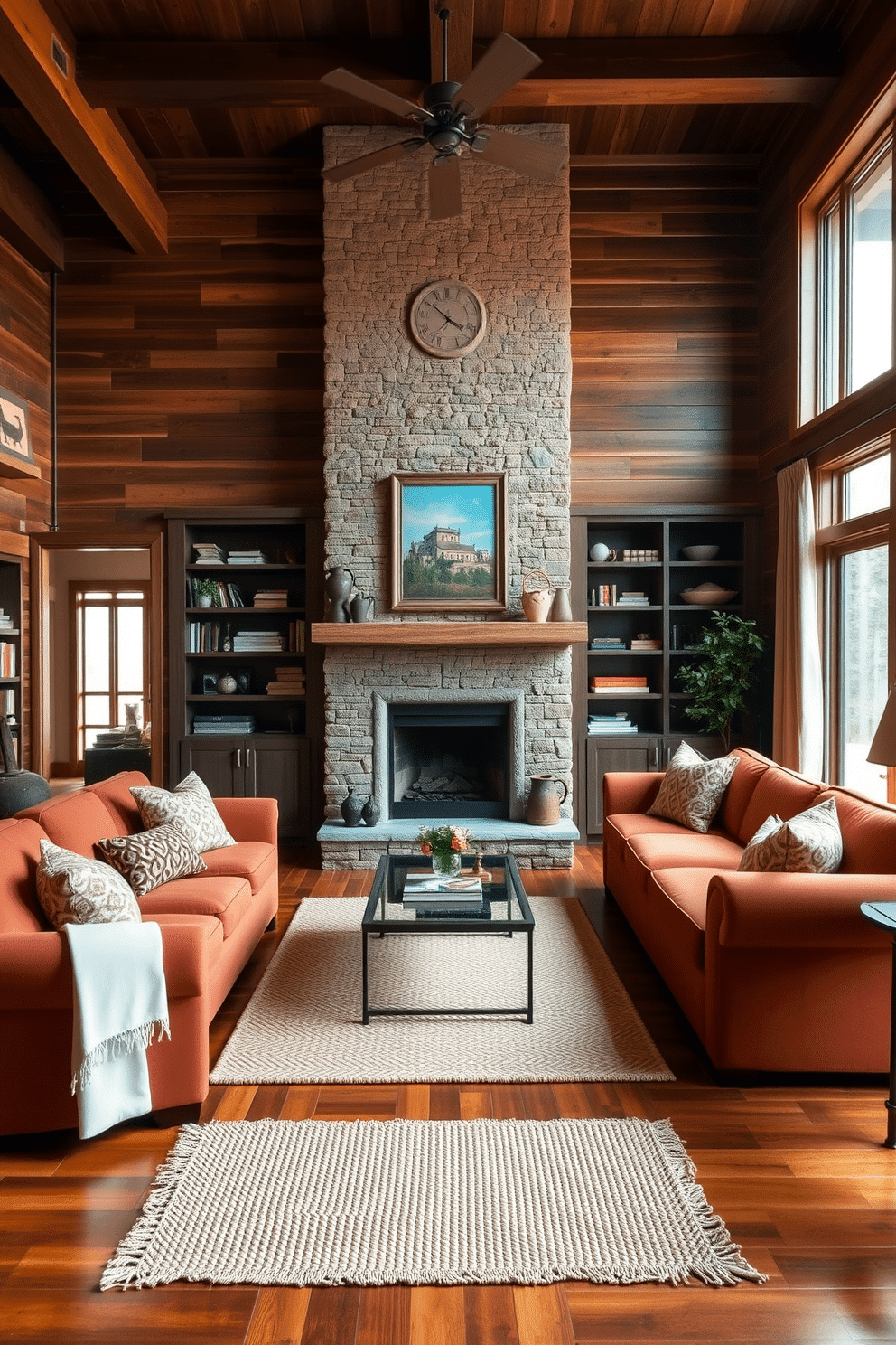 A rustic family room featuring an earthy color palette with warm tones. The walls are adorned with reclaimed wood paneling, and a large, plush sectional sofa in a deep terracotta hue anchors the space. A stone fireplace serves as the focal point, surrounded by built-in shelves filled with books and decorative items. Soft, woven rugs in neutral shades cover the hardwood floor, while large windows allow natural light to flood the room, enhancing the cozy atmosphere.