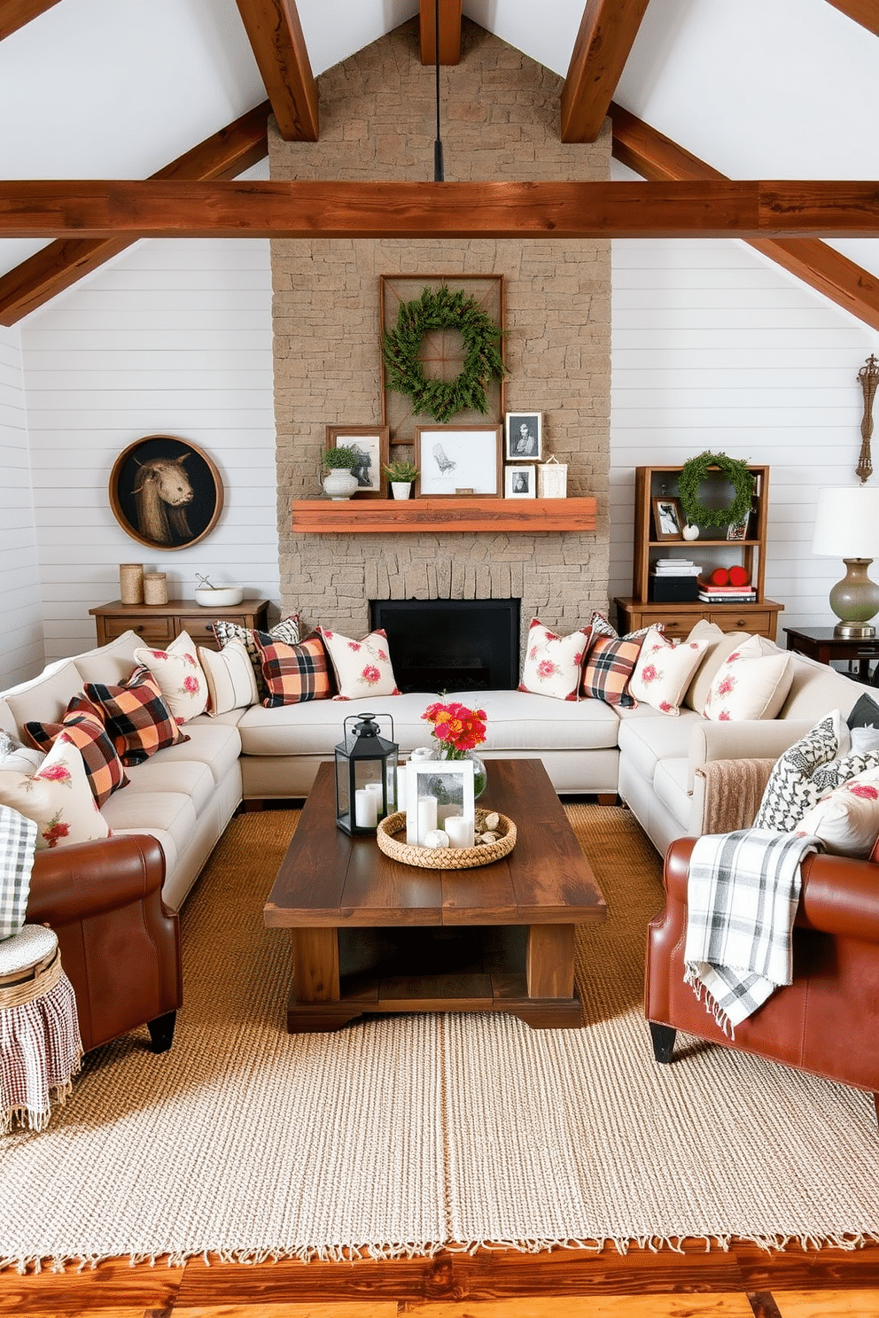 Charming farmhouse-style decor accents. The room features shiplap walls painted in a soft white, complemented by reclaimed wood beams that add warmth and character. A large, inviting sectional sofa in a neutral fabric sits at the center, adorned with an array of plaid and floral patterned throw pillows. A rustic coffee table made from an old barn door anchors the space, surrounded by vintage-inspired lanterns and a woven basket filled with cozy blankets. Rustic Family Room Design Ideas. The focal point is a stone fireplace with a wooden mantel, decorated with family photos and seasonal decor. Comfortable armchairs in distressed leather flank the fireplace, while a handwoven area rug brings texture and warmth to the hardwood floor.