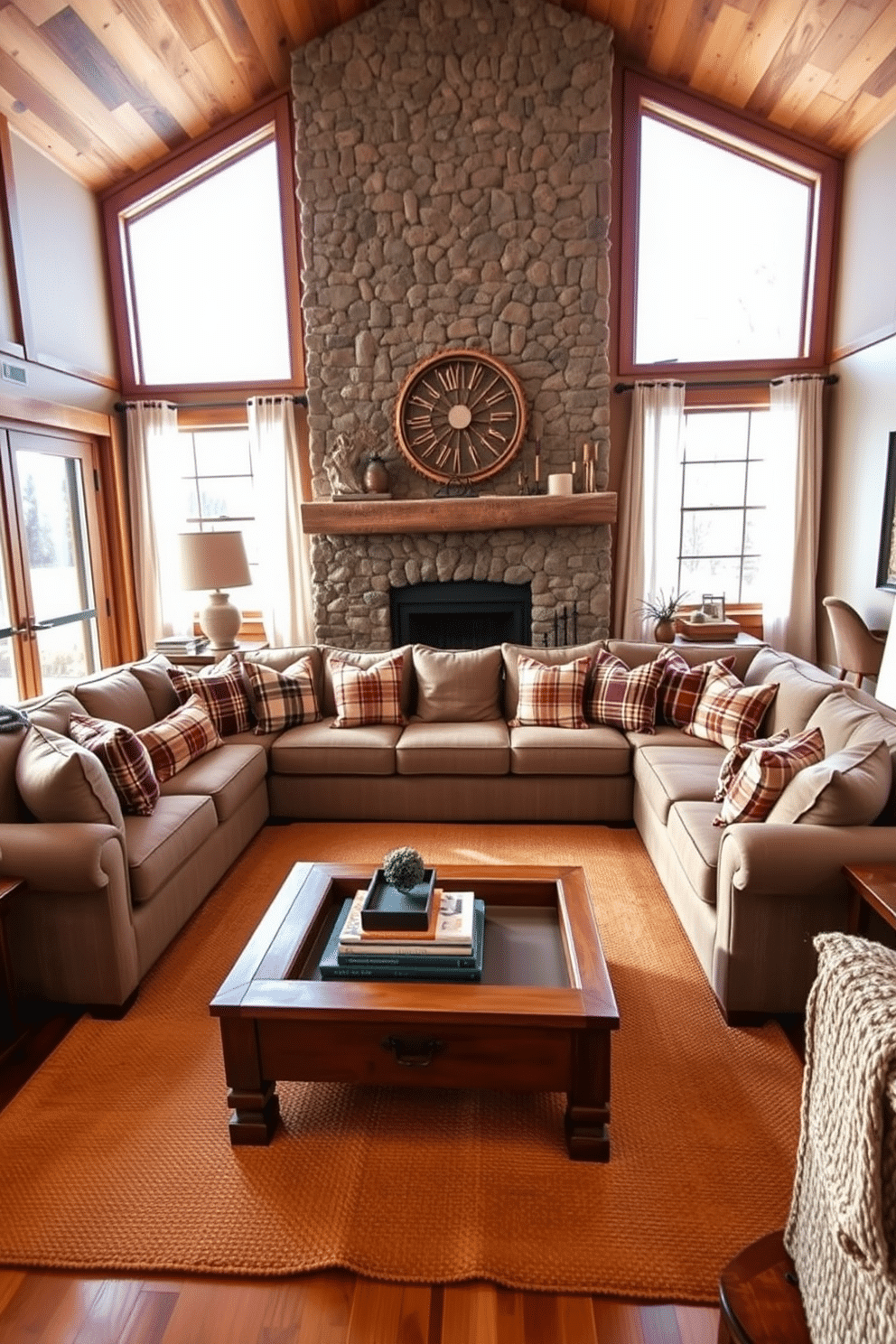 A large sectional sofa is positioned in the center of a cozy family room, adorned with an array of plaid pillows in earthy tones. The walls feature reclaimed wood paneling, and a stone fireplace serves as a focal point, surrounded by comfortable seating and rustic decor elements. Natural light floods the space through large windows, complemented by sheer curtains that soften the sunlight. A warm area rug anchors the seating arrangement, while a wooden coffee table, adorned with books and a decorative tray, adds a touch of charm.