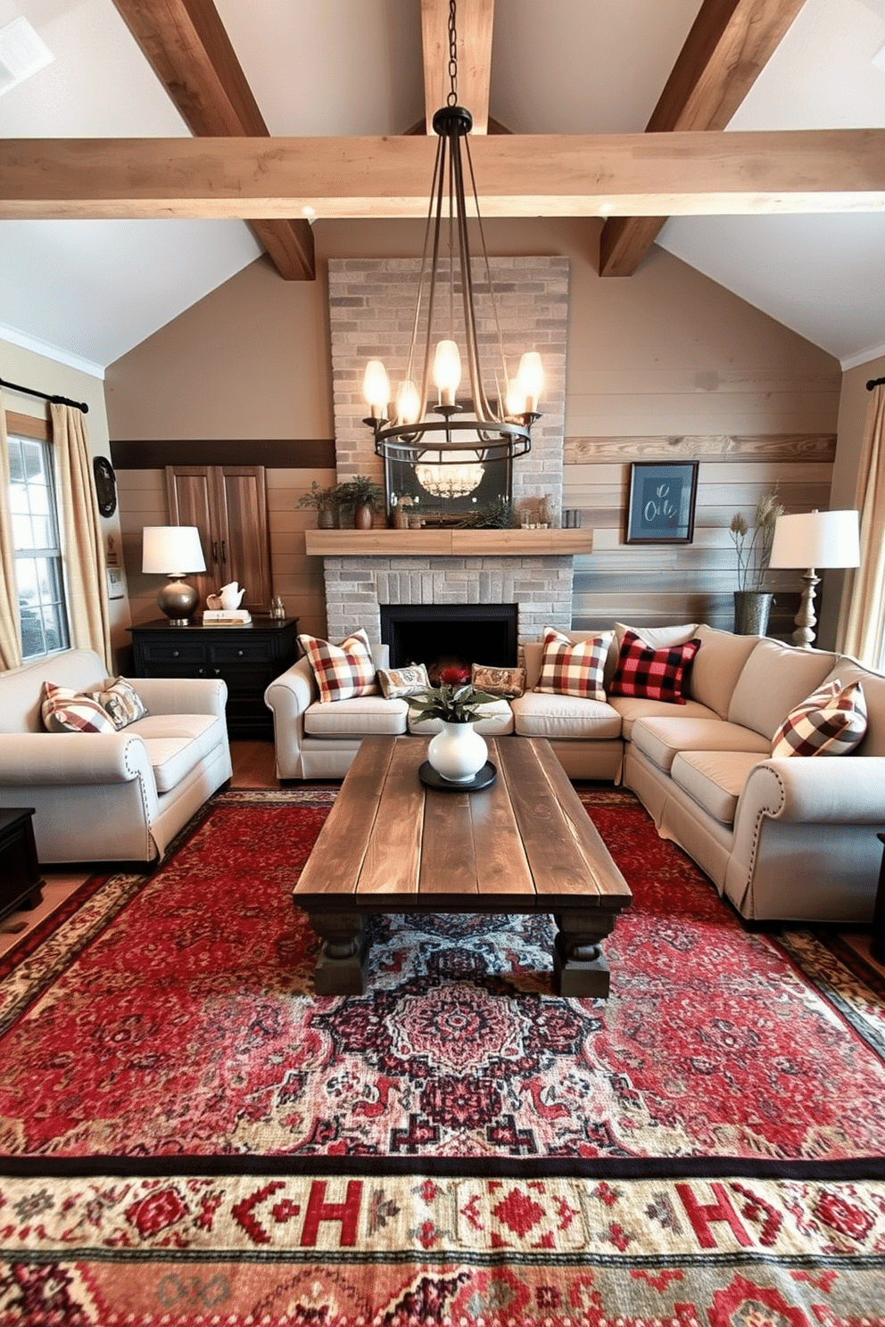 A cozy rustic family room featuring vintage rugs layered for added texture. The space includes a large, comfortable sectional sofa adorned with plaid throw pillows, and a reclaimed wood coffee table sits at the center, surrounded by warm lighting from a wrought-iron chandelier.