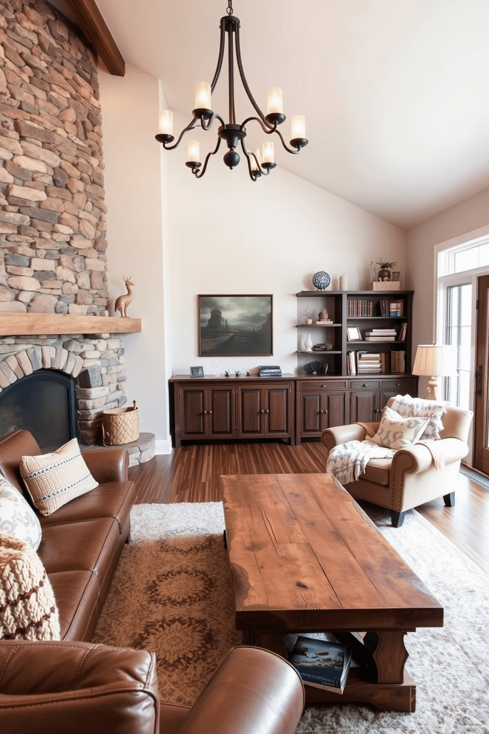 A cozy family room featuring a stone accent wall that adds rustic charm. The room is furnished with a large leather sofa and a reclaimed wood coffee table, complemented by warm lighting from a wrought-iron chandelier. In one corner, a plush armchair is paired with a knitted throw, creating an inviting reading nook. The floor is adorned with a soft area rug, while shelves filled with books and decorative items enhance the rustic ambiance.