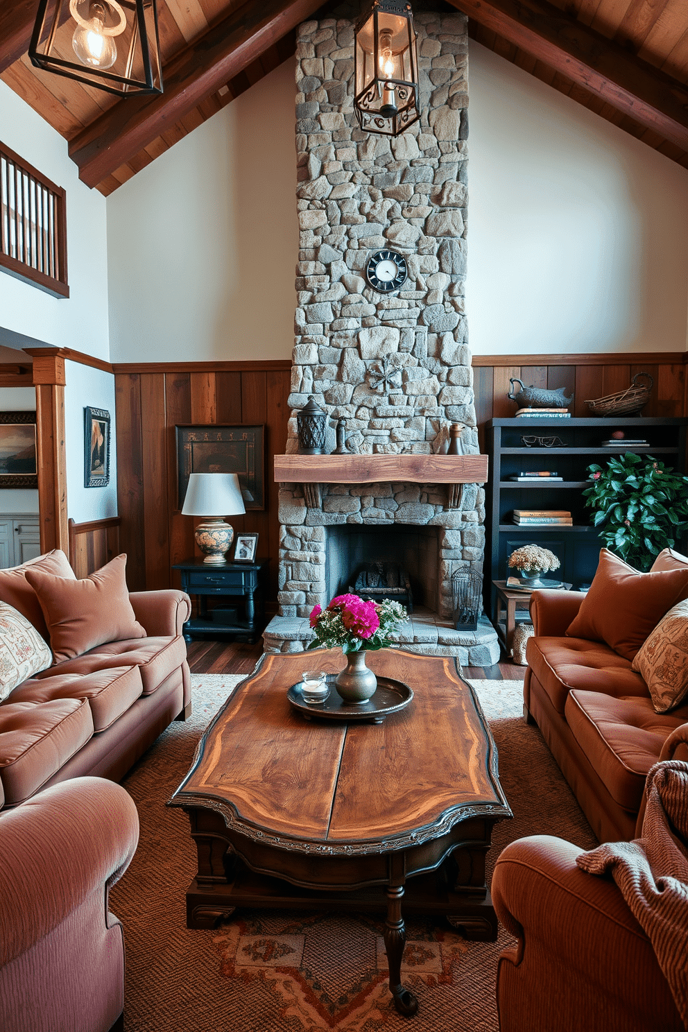 A charming rustic family room features an antique coffee table with a distressed finish, surrounded by plush, oversized sofas in warm earth tones. The walls are adorned with reclaimed wood paneling, creating a cozy atmosphere, while a large stone fireplace serves as the room's focal point, enhancing the inviting ambiance.