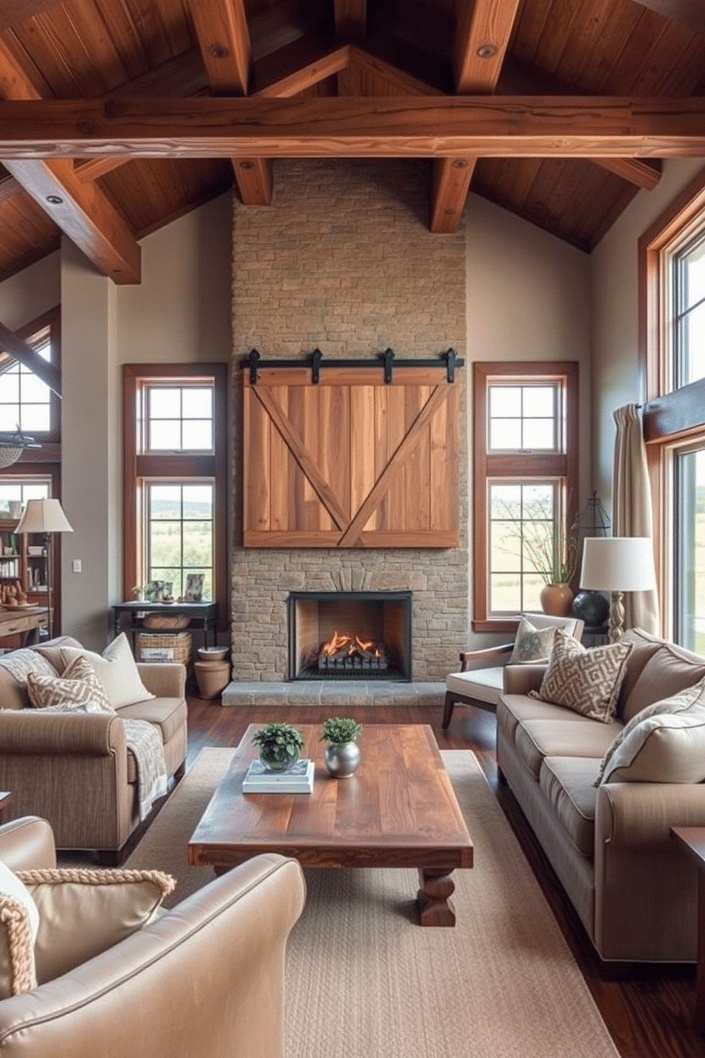 A charming rustic family room features a large barn door serving as a stylish room divider, creating an inviting atmosphere. The space is adorned with exposed wooden beams, a cozy stone fireplace, and plush seating arranged around a reclaimed wood coffee table. The color palette includes warm earth tones, with soft textiles like woven throws and patterned cushions enhancing the comfort. Large windows allow natural light to flood the room, showcasing a view of the surrounding countryside.