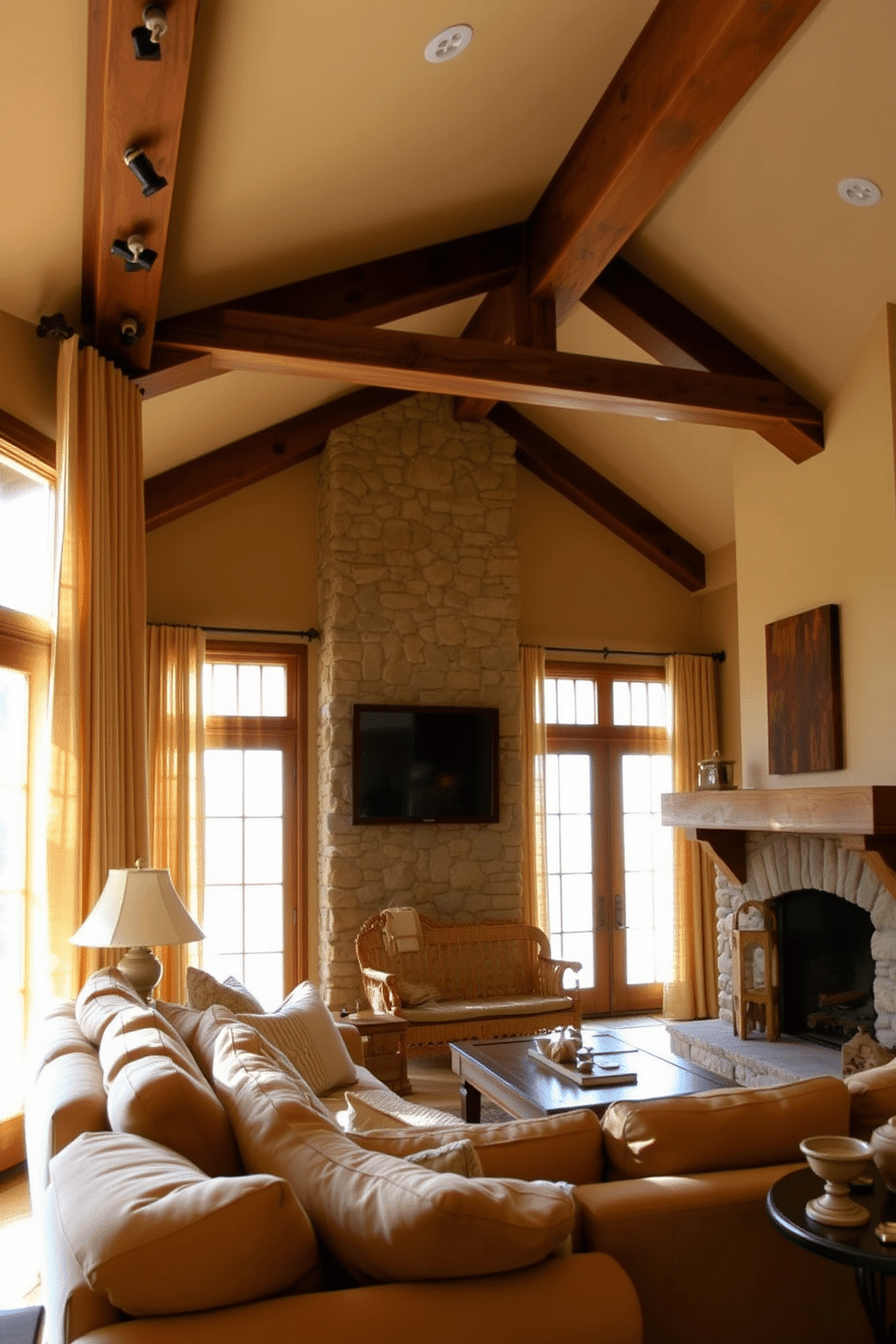 Natural fiber curtains gently filter soft light into the room, creating a warm and inviting atmosphere. The curtains are paired with a rustic wooden rod that complements the overall design. The family room features exposed wooden beams and a stone fireplace, providing a cozy focal point. Plush, oversized furniture invites relaxation, while earthy tones and textured fabrics enhance the rustic charm.