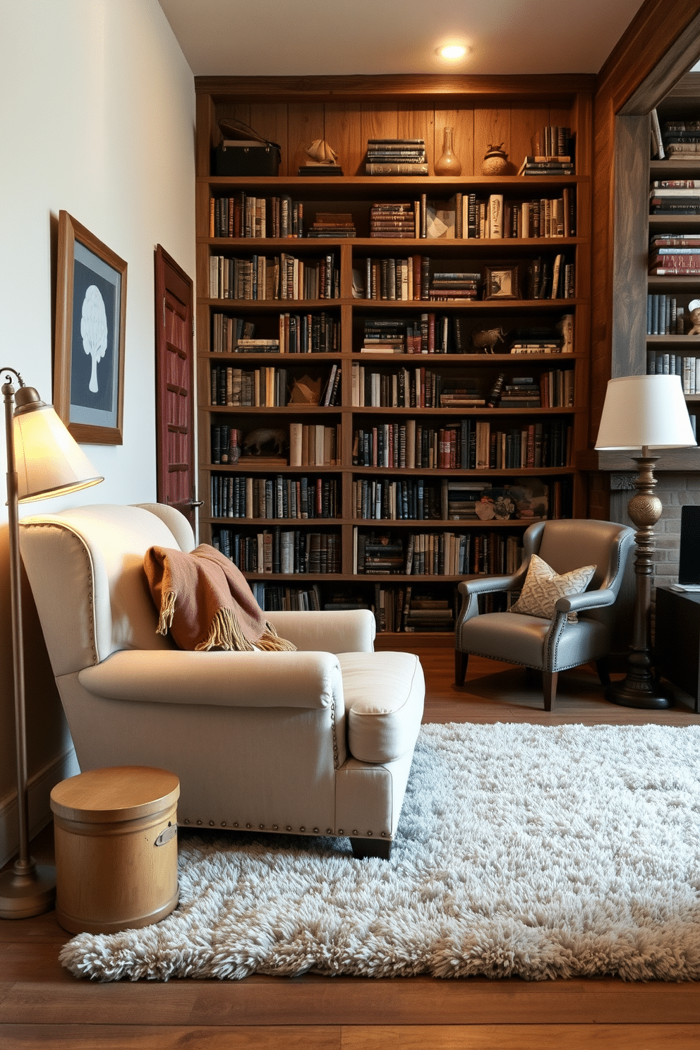 A cozy reading nook featuring a vintage armchair upholstered in soft, faded fabric, positioned next to a small wooden side table. A warm throw blanket drapes over the armrest, and a floor lamp with a warm glow stands nearby, illuminating a stack of well-loved books. The rustic home library is designed with reclaimed wood shelves that reach up to the ceiling, filled with an eclectic collection of books and decorative items. A large, plush area rug anchors the space, while a mix of antique and modern furnishings create an inviting atmosphere for reading and relaxation.