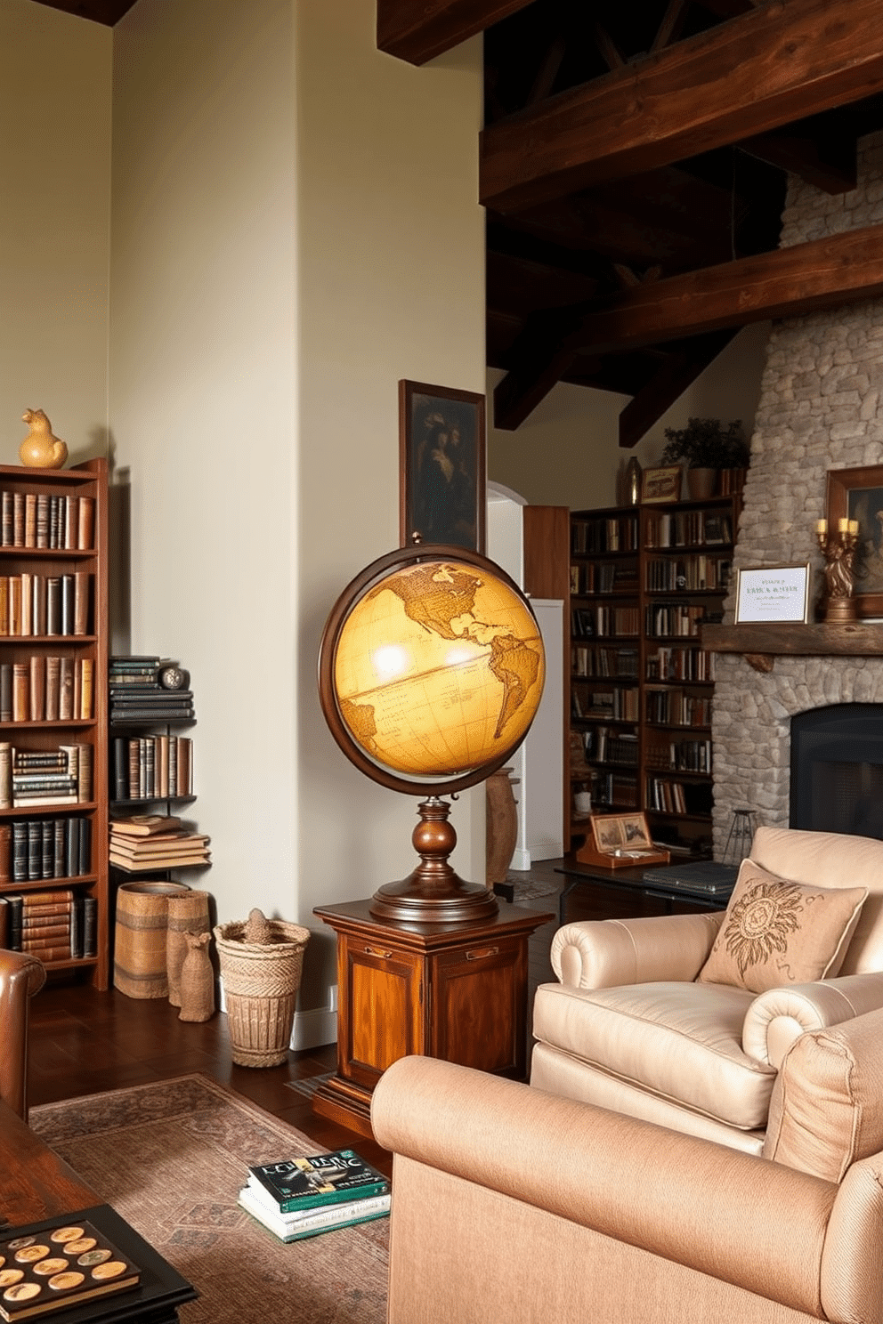 A beautifully aged old-world globe sits atop a richly stained wooden pedestal, its intricate details reflecting a timeless elegance. Surrounding it, shelves filled with leather-bound books and vintage decor create an inviting atmosphere that speaks to a love for exploration and history. The rustic home library features exposed wooden beams and a stone fireplace that serves as a cozy focal point. Plush, oversized armchairs are paired with a reclaimed wood coffee table, inviting readers to settle in with a good book in a warm, welcoming environment.