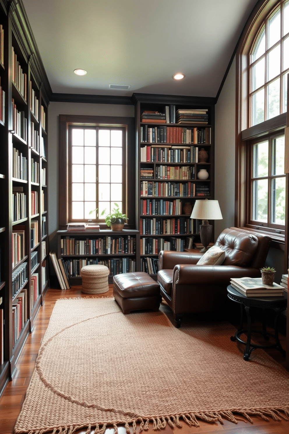 A cozy rustic home library features natural fiber rugs that add warmth and texture to the space. The room is lined with dark wooden bookshelves filled with an eclectic collection of books, and a comfortable leather armchair sits invitingly in the corner. Soft, ambient lighting illuminates the library, creating a welcoming atmosphere for reading and relaxation. A large window allows natural light to filter in, showcasing the beauty of the natural fiber rugs that complement the rustic decor.