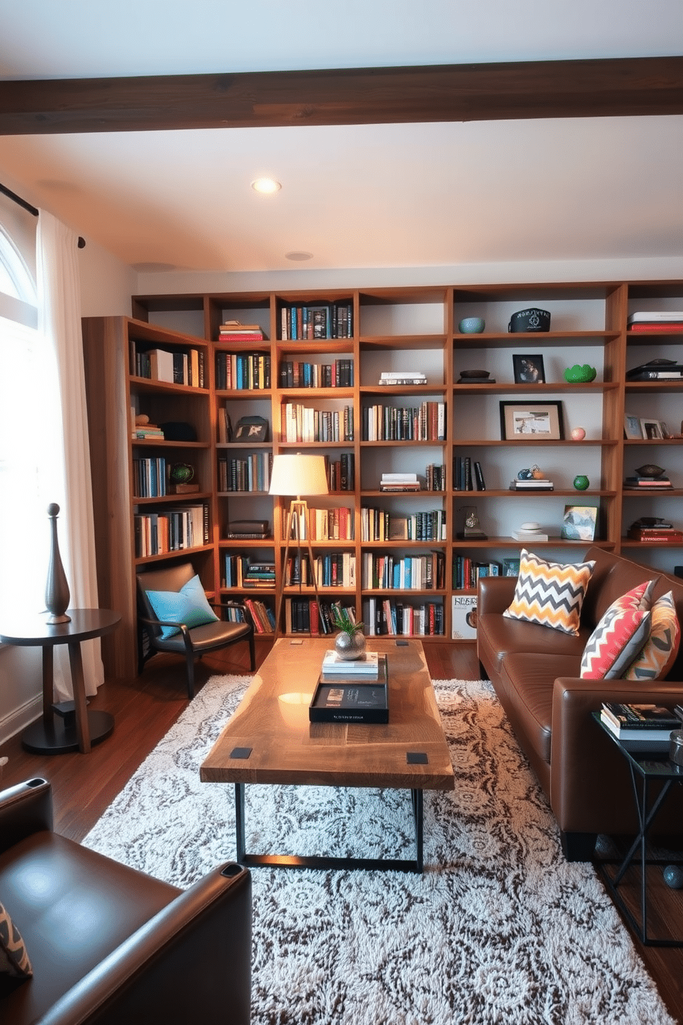 A cozy home library featuring a blend of modern and rustic furniture. A large reclaimed wood bookshelf spans one wall, filled with books and decorative items, while a sleek leather sofa sits opposite, adorned with colorful throw pillows. In the center, a reclaimed wood coffee table contrasts with a contemporary glass side table. Warm lighting from a stylish floor lamp creates an inviting atmosphere, complemented by a plush area rug that ties the space together.