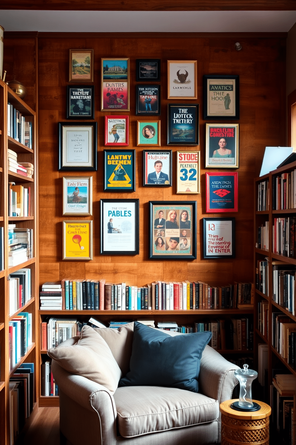 A gallery wall adorned with an eclectic mix of framed book covers in various sizes and colors creates a vibrant focal point. The frames are arranged in a creative, asymmetrical layout against a warm, textured wood panel backdrop. The rustic home library features reclaimed wood bookshelves filled with a curated selection of vintage and contemporary books. A cozy reading nook with a plush armchair and a small side table sits beneath a large window, allowing natural light to flood the space.