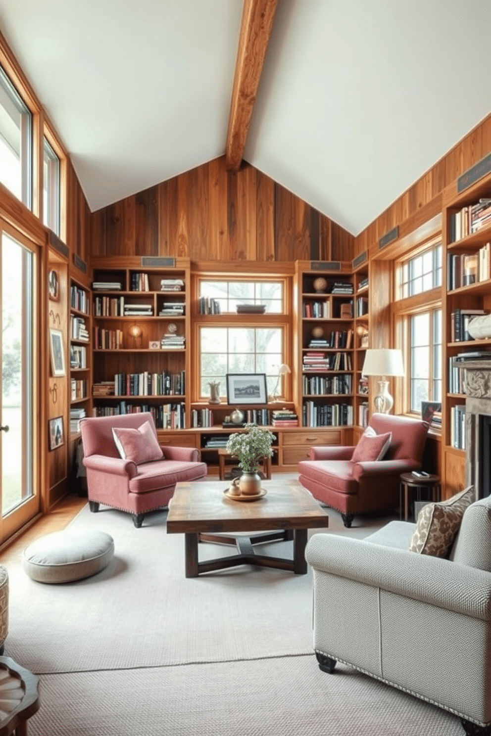 A rustic home library features large windows that flood the space with natural light, creating a warm and inviting atmosphere. The wooden bookshelves, made from reclaimed timber, line the walls, filled with an eclectic mix of books and decorative items. A cozy reading nook is positioned near the windows, adorned with plush armchairs and a handcrafted wooden coffee table. Soft, earthy tones dominate the color palette, complemented by textured fabrics and warm lighting fixtures that enhance the rustic charm.