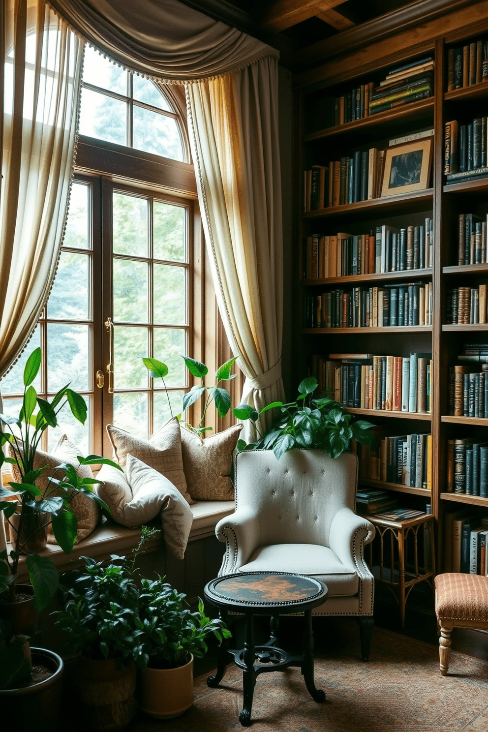 A charming window seat adorned with plush cushions invites relaxation, framed by elegant drapery that softly filters natural light. Surrounding the seat, potted plants add a touch of greenery, creating a cozy nook perfect for reading or enjoying a cup of tea. A rustic home library features reclaimed wood bookshelves that stretch from floor to ceiling, filled with an array of books and personal treasures. A large, comfortable armchair sits in the center, accompanied by a vintage side table, creating an inviting atmosphere for quiet contemplation and study.