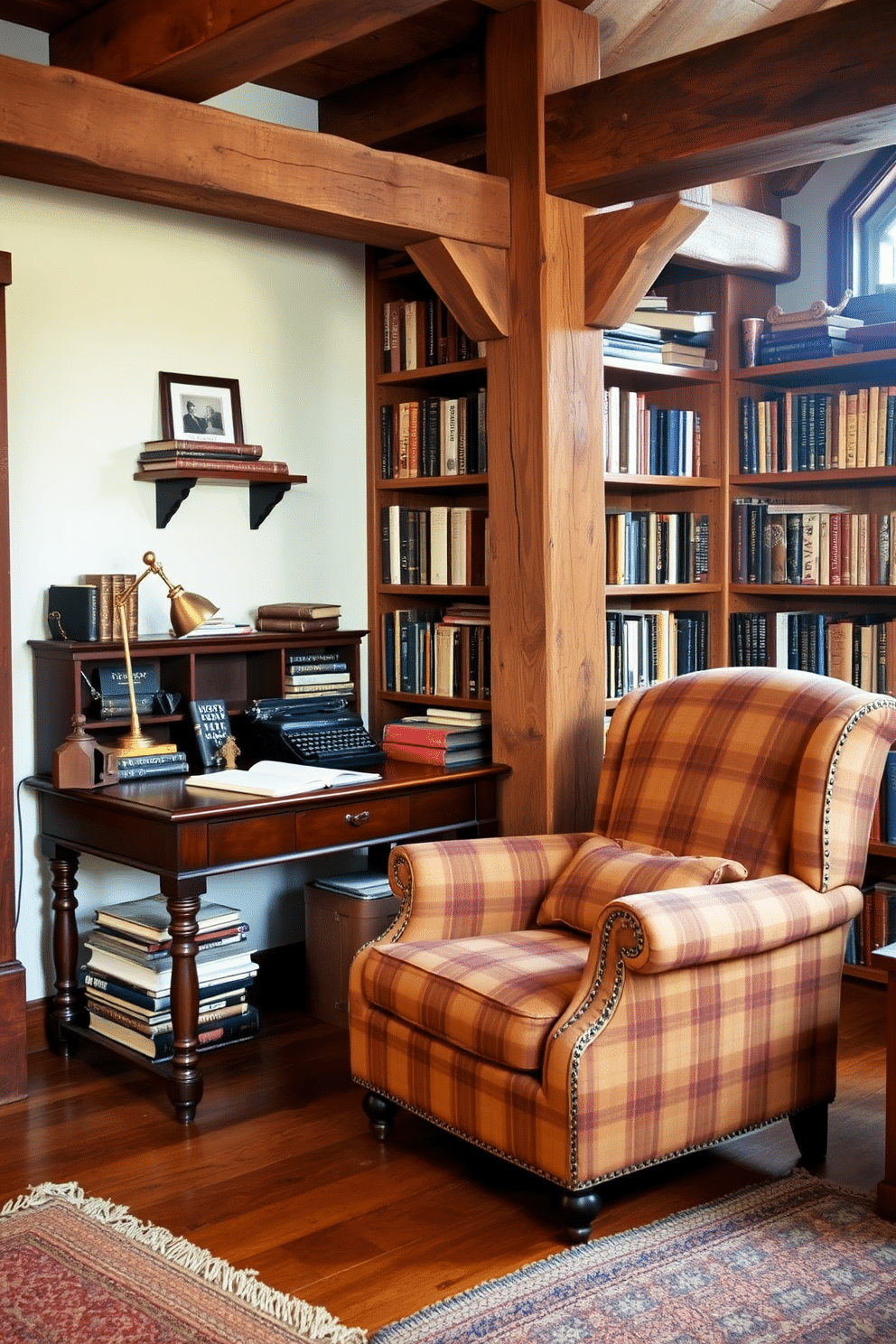 A vintage writing desk crafted from dark mahogany sits in the corner of a cozy workspace. The desk is adorned with a classic brass lamp, a stack of leather-bound books, and a vintage typewriter, creating an inviting atmosphere for creativity. The rustic home library features exposed wooden beams and shelves filled with an eclectic collection of books. A plush, oversized armchair in a warm plaid fabric invites readers to curl up with their favorite novel, while a handwoven rug adds texture to the wooden floor.