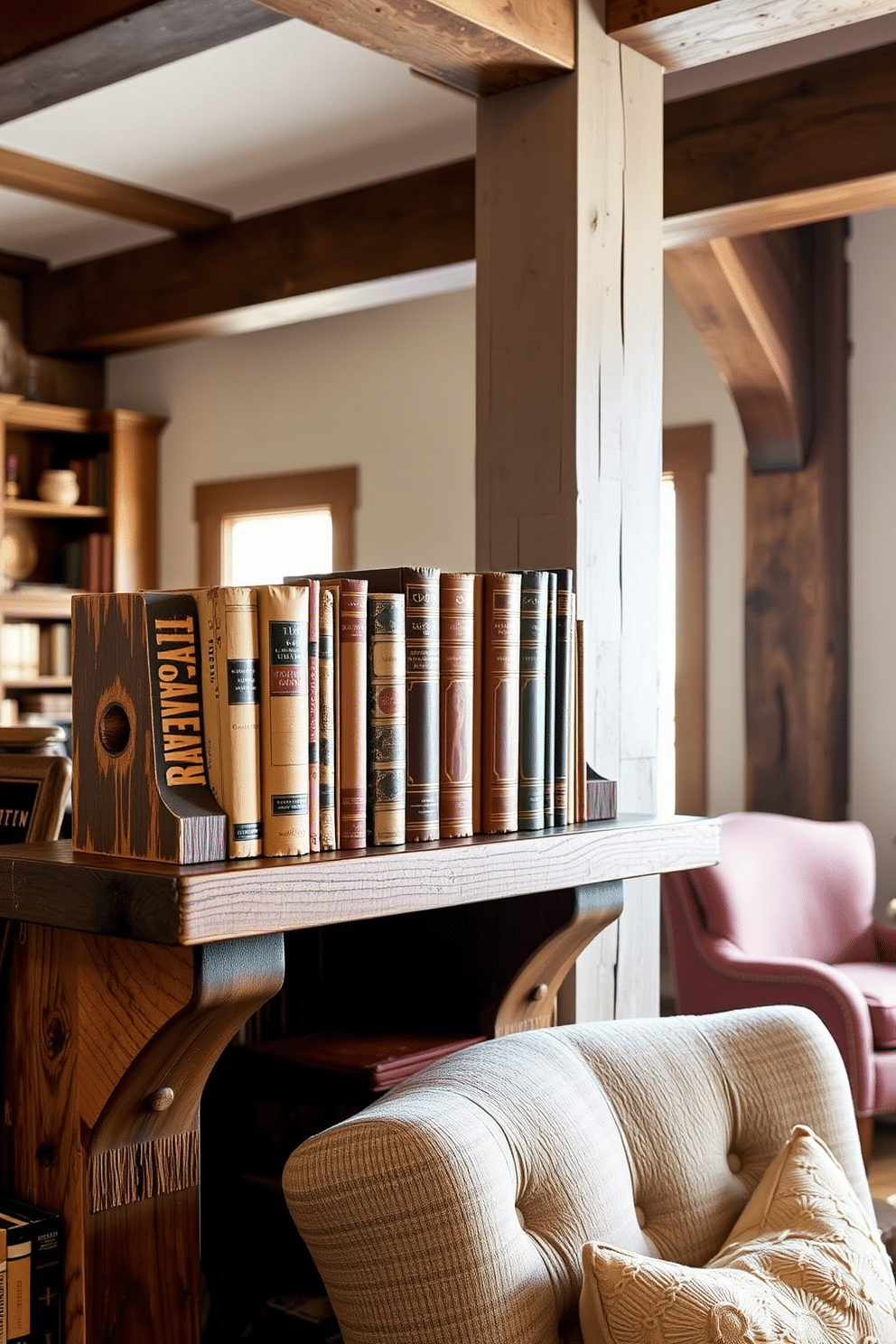 Decorative bookends made of wood flank a collection of vintage books on a sturdy wooden shelf. The warm tones of the wood complement the rustic charm of the home library, which features exposed beams and a cozy reading nook with a plush armchair.