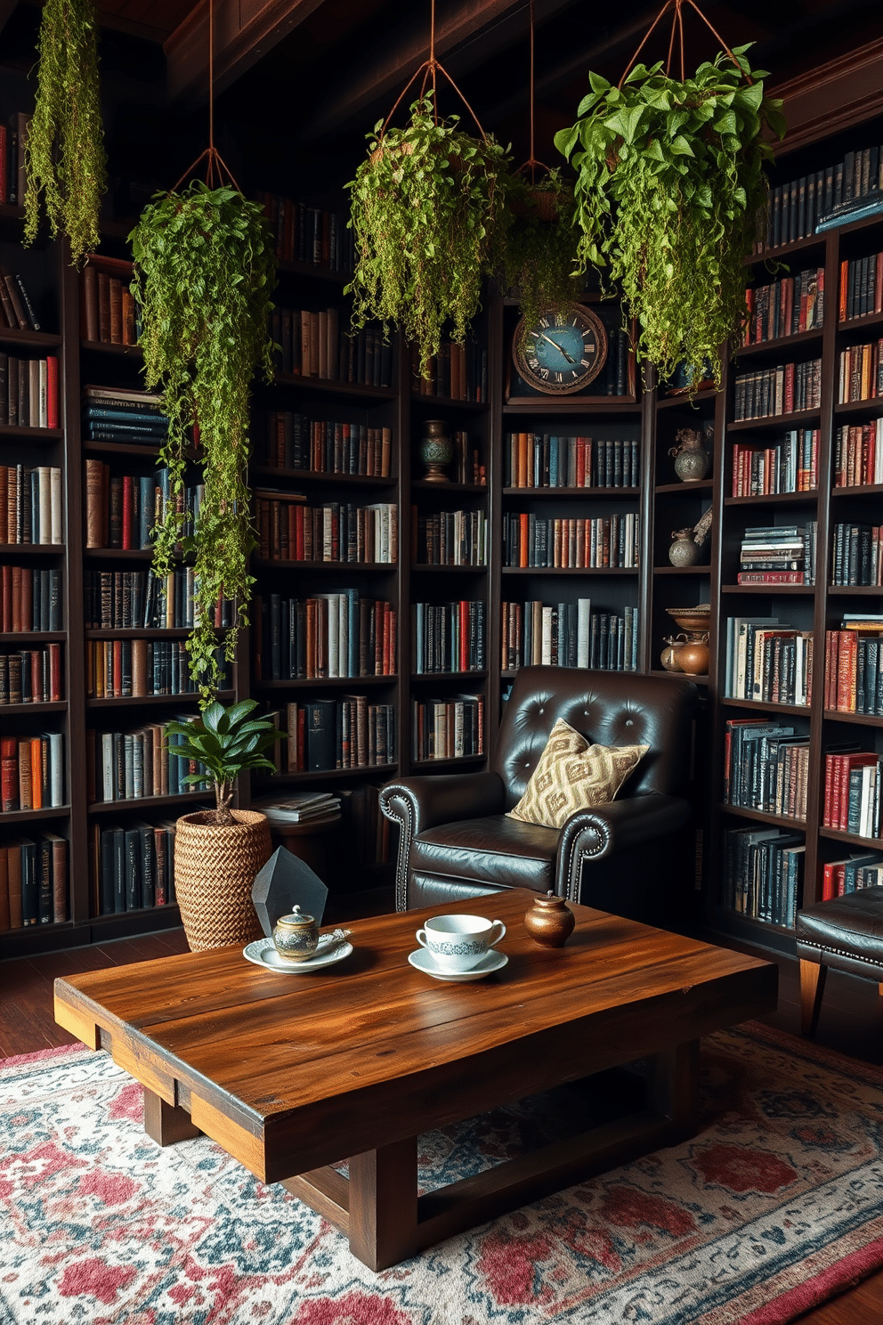 A cozy home library with rustic charm. The walls are lined with dark wooden bookshelves filled with books, and a large, comfortable leather armchair is positioned in the corner, inviting you to sit and read. Hanging plants cascade from the ceiling, adding a vibrant touch of greenery. A reclaimed wood coffee table sits at the center, adorned with a few well-placed decorative items and a steaming cup of tea.