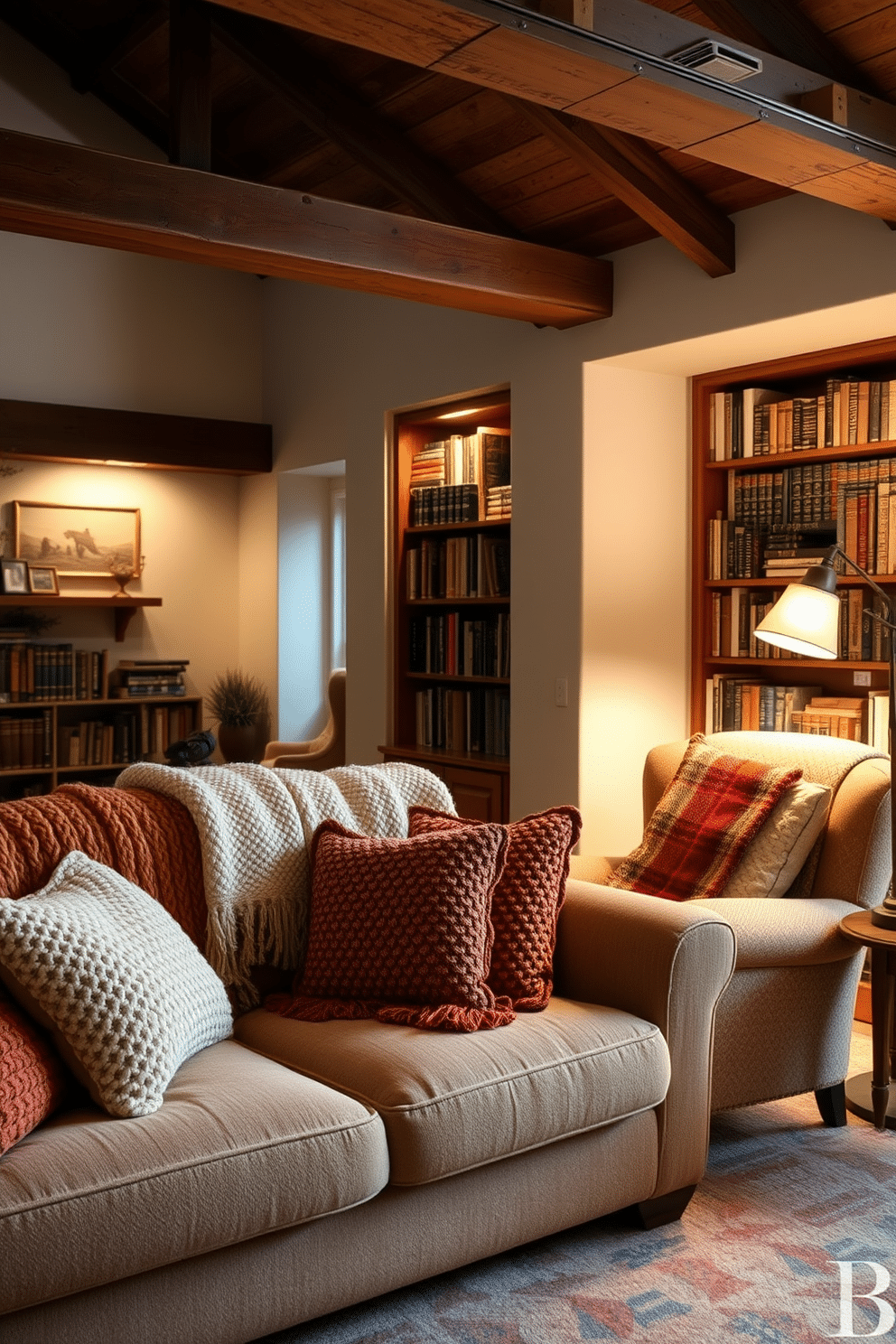 A cozy living room featuring a plush sofa adorned with various textured throw blankets in warm, inviting colors. Soft ambient lighting casts a gentle glow, enhancing the comfort of the space. A rustic home library with exposed wooden beams and built-in shelves filled with books. A large, comfortable armchair sits in the corner, accompanied by a small side table and a vintage lamp for reading.