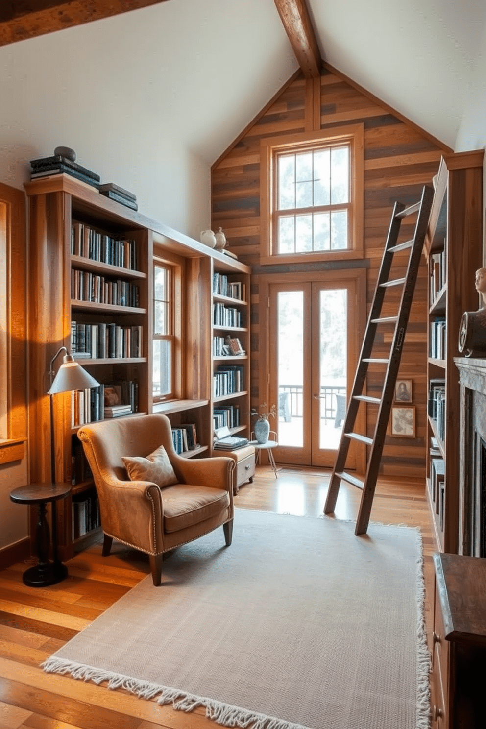 A cozy home library featuring reclaimed wood shelving that showcases a curated collection of books. The warm tones of the wood create an inviting atmosphere, complemented by a plush reading chair in the corner and a soft area rug beneath. Natural light filters in through large windows, illuminating the space and highlighting the unique textures of the reclaimed wood. A vintage ladder leans against the shelves, adding a touch of charm and functionality to the rustic design.