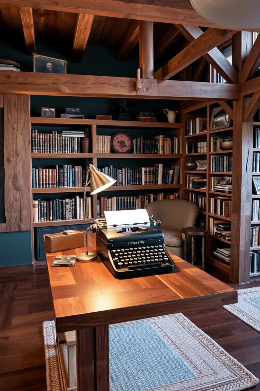 A vintage typewriter sits elegantly on a reclaimed wood desk, surrounded by shelves filled with classic literature and decorative antique items. The soft glow of a brass desk lamp illuminates the typewriter, enhancing its charm against a backdrop of deep green walls and rich hardwood flooring. The rustic home library features exposed wooden beams and a cozy reading nook with a plush armchair and a small side table. Floor-to-ceiling bookshelves, crafted from distressed wood, line the walls, showcasing an array of books and personal mementos, while a woven area rug adds warmth to the space.