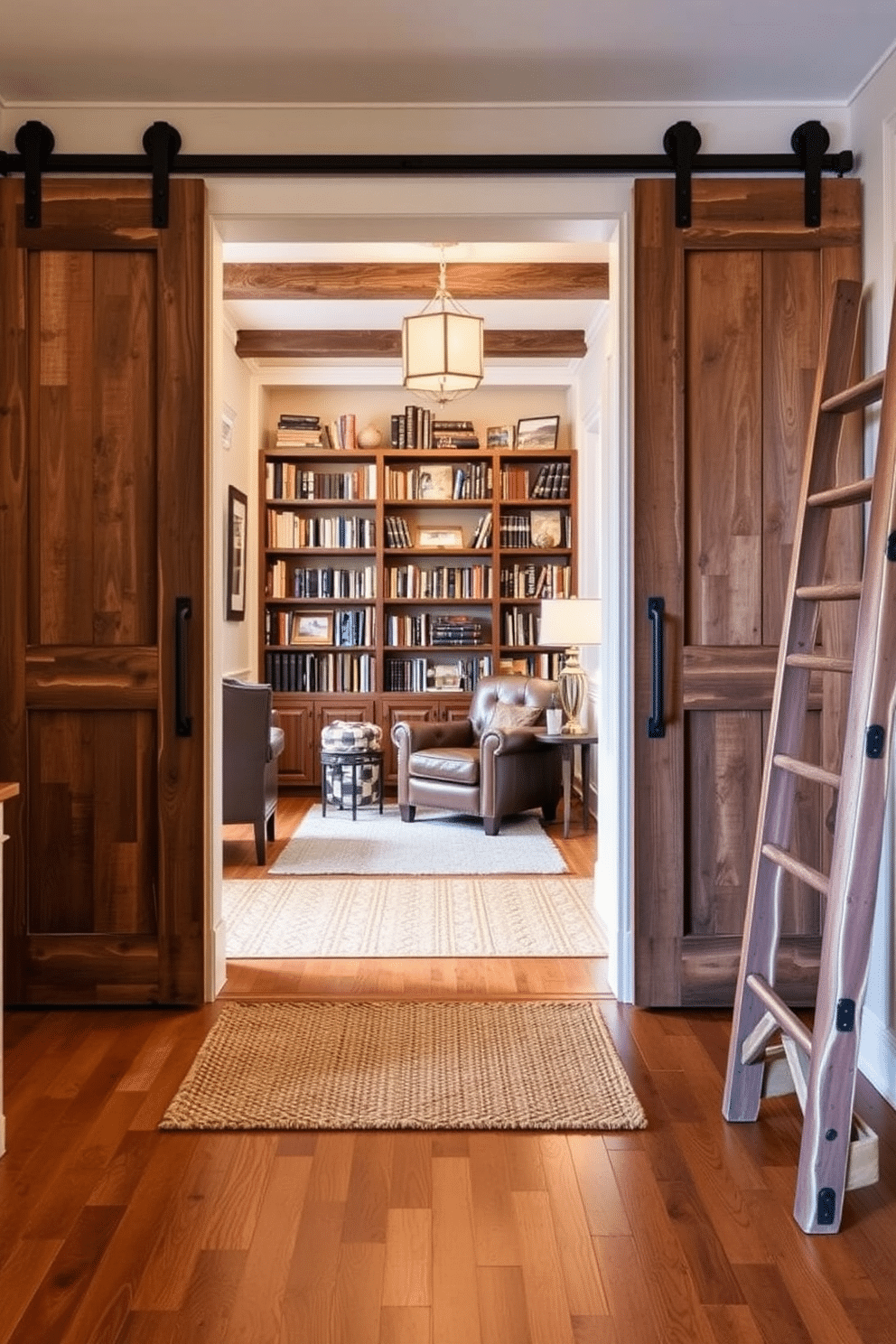 Rustic barn doors frame a cozy entryway, crafted from reclaimed wood with iron hardware that adds character. The floors are a warm, distressed hardwood, and a woven rug invites guests into the space. The home library features custom-built shelves filled with books, accented by a large, comfortable leather armchair. Soft, ambient lighting illuminates the room, while a rustic wooden ladder leans against the shelves, enhancing the charm of the design.