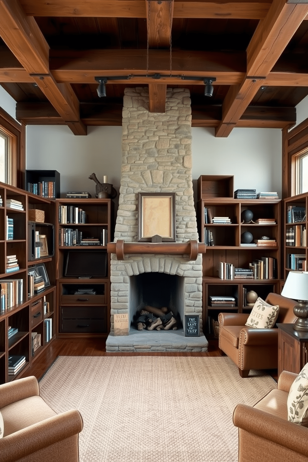 A collection of wooden crates is creatively arranged to provide unique storage solutions throughout the space. Each crate is stained in a rich, dark finish, adding warmth and character while serving as functional shelving for books and decorative items. The rustic home library features exposed wooden beams and a stone fireplace as its focal point. Shelves made from reclaimed wood line the walls, filled with a curated selection of vintage books and cozy reading nooks with plush armchairs.