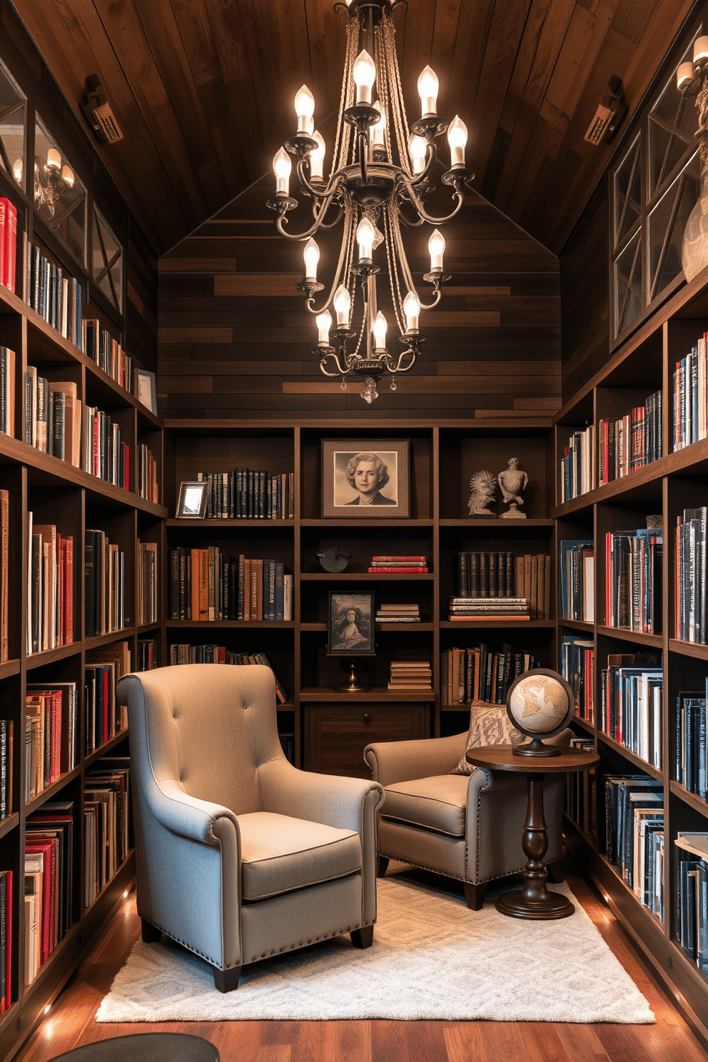 A cozy home library with rustic charm features layered lighting that includes elegant sconces on the walls and a grand chandelier hanging from the ceiling. The shelves are filled with an array of books, and a large, plush armchair sits invitingly in the corner, accompanied by a small wooden side table. The walls are adorned with reclaimed wood paneling, creating a warm and inviting atmosphere. A soft area rug lies beneath the armchair, and a vintage globe and decorative artifacts are placed strategically on the shelves to enhance the room's character.