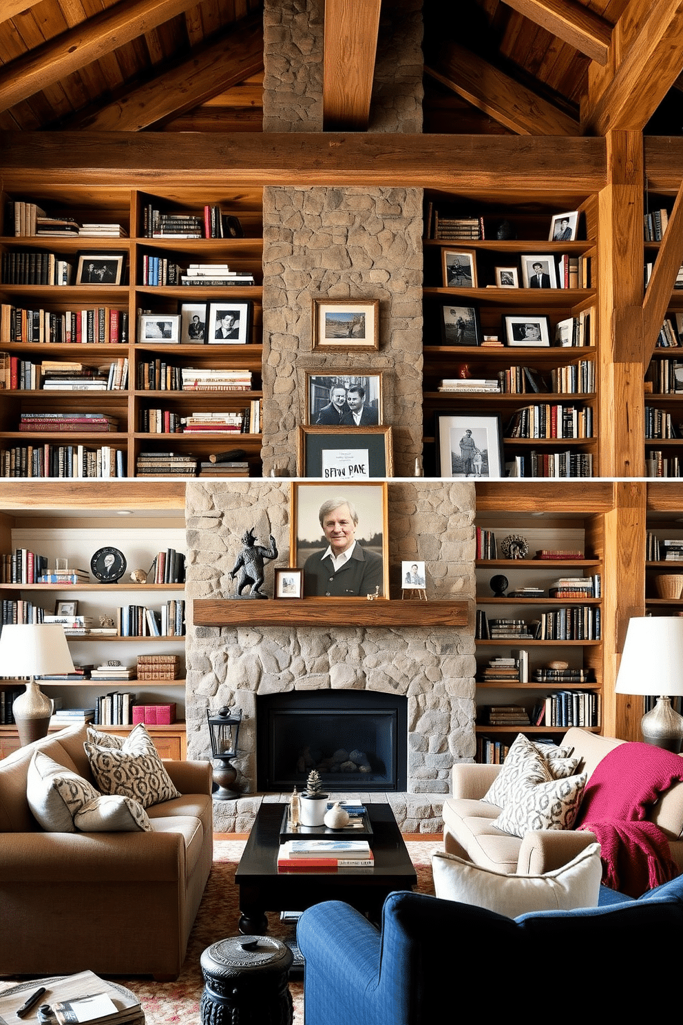 A personalized bookshelf filled with family photos creates a warm and inviting atmosphere. The shelves are crafted from reclaimed wood, showcasing a mix of books and framed memories that reflect the family's journey. In a rustic home library, exposed wooden beams and a stone fireplace set the tone for a cozy retreat. Plush seating, layered textiles, and vintage decor pieces enhance the charm, making it the perfect space for relaxation and reading.