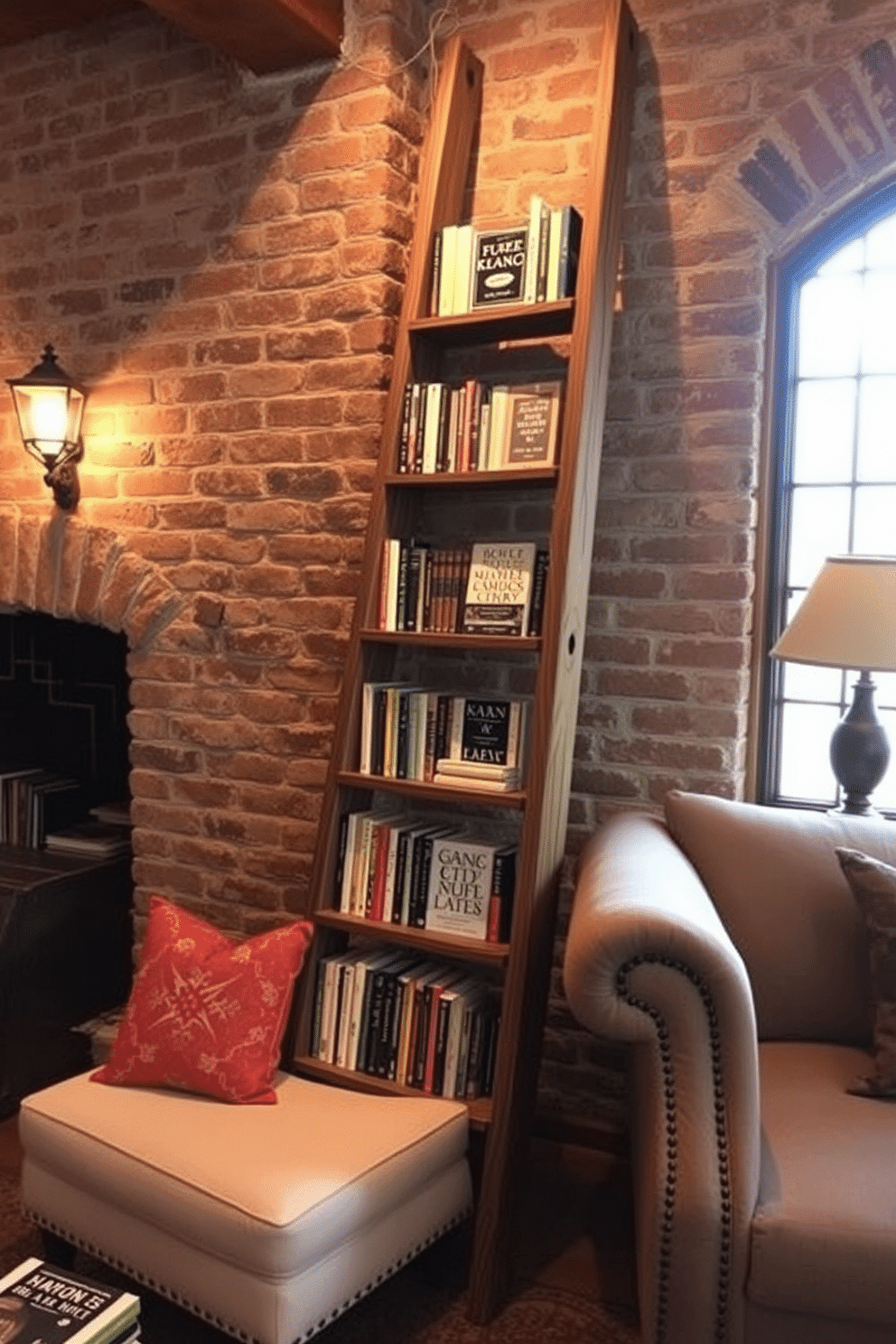 A charming rustic home library features an old wooden ladder repurposed as a unique book display, leaning against a weathered brick wall. The space is filled with warm, ambient lighting and cozy seating, inviting you to relax with a good book.