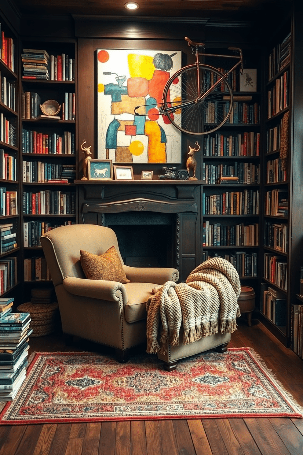 A cozy rustic home library filled with character and charm. The walls are adorned with dark wooden bookshelves, overflowing with books of various sizes and colors, while a plush, oversized armchair sits in the corner, draped with a soft, knitted throw. Quirky art pieces are scattered throughout the space, including a colorful abstract painting above the fireplace and a vintage bicycle hanging on the wall. A warm, inviting rug with an intricate pattern lies underfoot, adding texture and warmth to the rustic wooden floor.