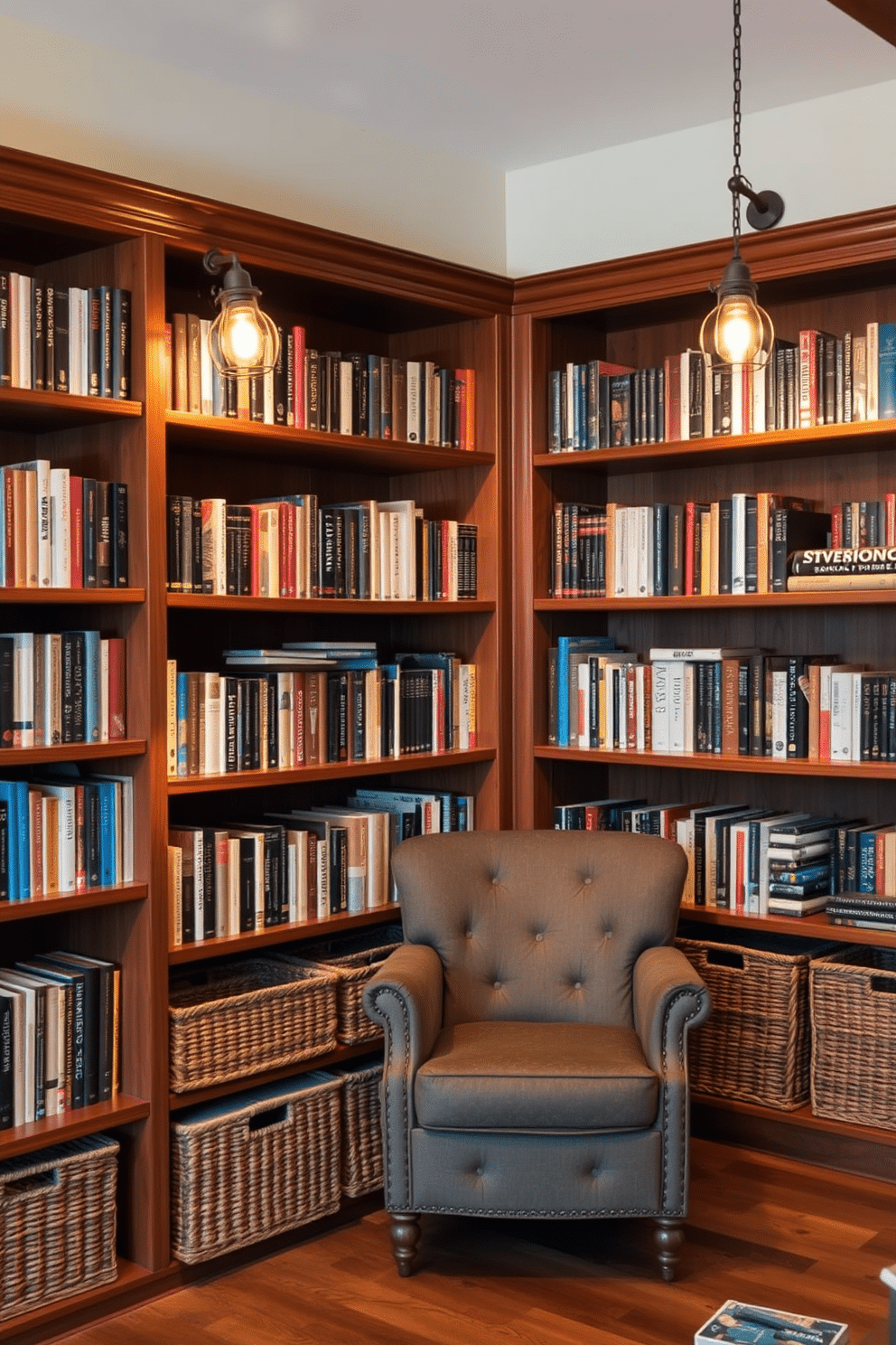 A cozy rustic home library features wooden bookshelves filled with an array of books, accented by warm, ambient lighting from vintage-style lamps. In the corner, a comfortable armchair invites you to curl up with a good read, while woven baskets beneath the shelves provide stylish organization for small items.