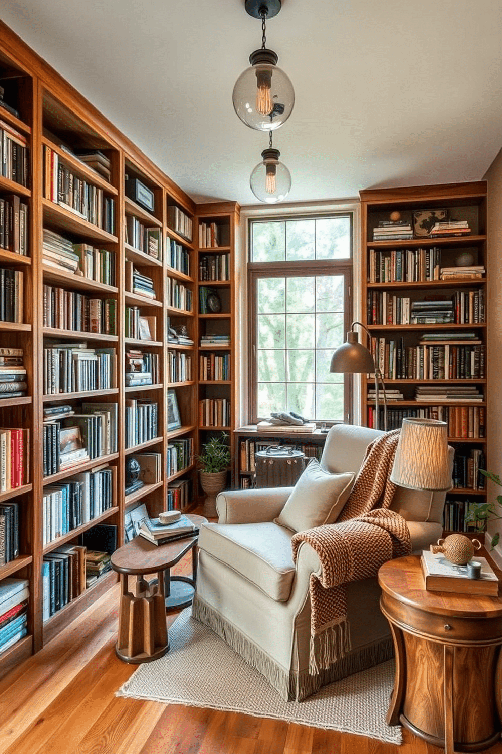 A cozy home library featuring reclaimed wood bookshelves that stretch from floor to ceiling, filled with an eclectic mix of books and decorative items. A large, comfortable armchair upholstered in organic cotton sits in the corner, accompanied by a vintage wooden side table and a warm, woven throw blanket. Incorporate sustainable materials throughout the space, such as bamboo flooring and recycled glass light fixtures that provide a warm glow. The walls are painted in earthy tones, and a large window allows natural light to flood the room, enhancing the inviting atmosphere.