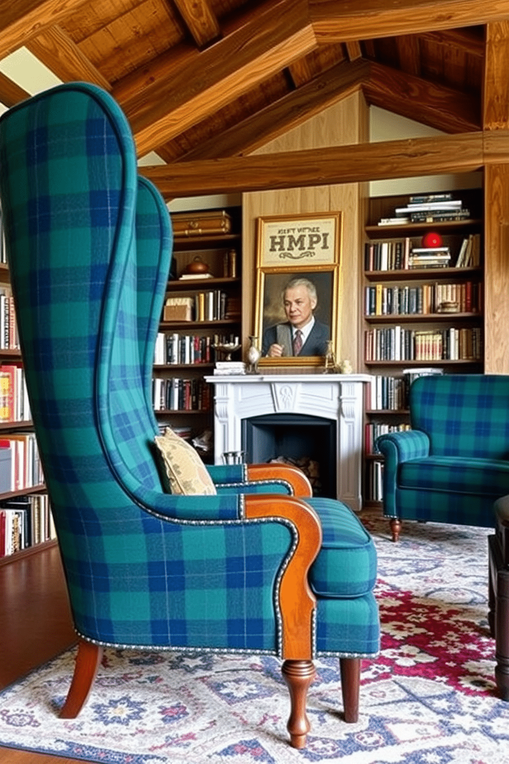 Chic armchair with plaid upholstery. The armchair features a high back and elegantly curved arms, upholstered in a rich plaid fabric with shades of deep green and navy. Rustic home library design ideas. The library showcases exposed wooden beams and a cozy fireplace, with floor-to-ceiling bookshelves filled with an eclectic collection of books and decorative items.